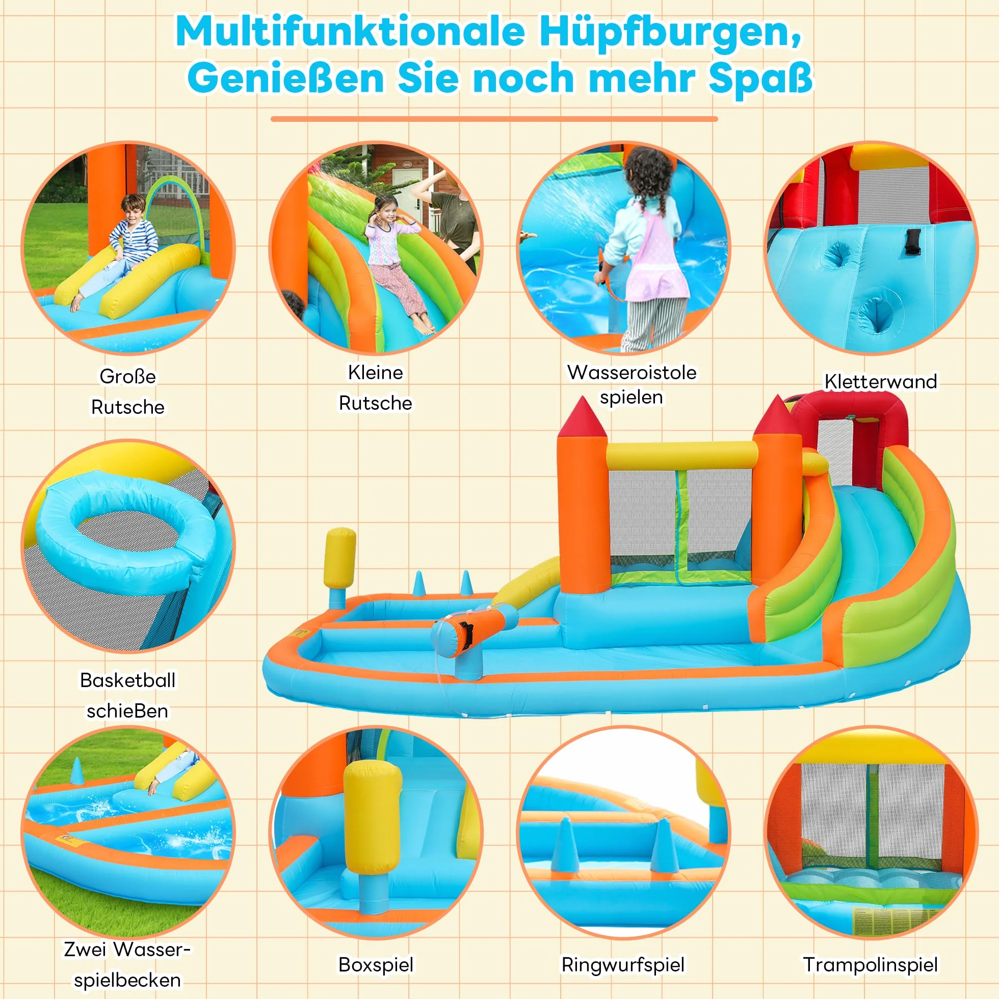 Bouncy Castle para niños 5 en 1 con ventilador, parque acuático inflable con tobogán, plataforma de salto, piscina y red de fútbol, castillo hinchable al aire libre para jardín, tela Oxford