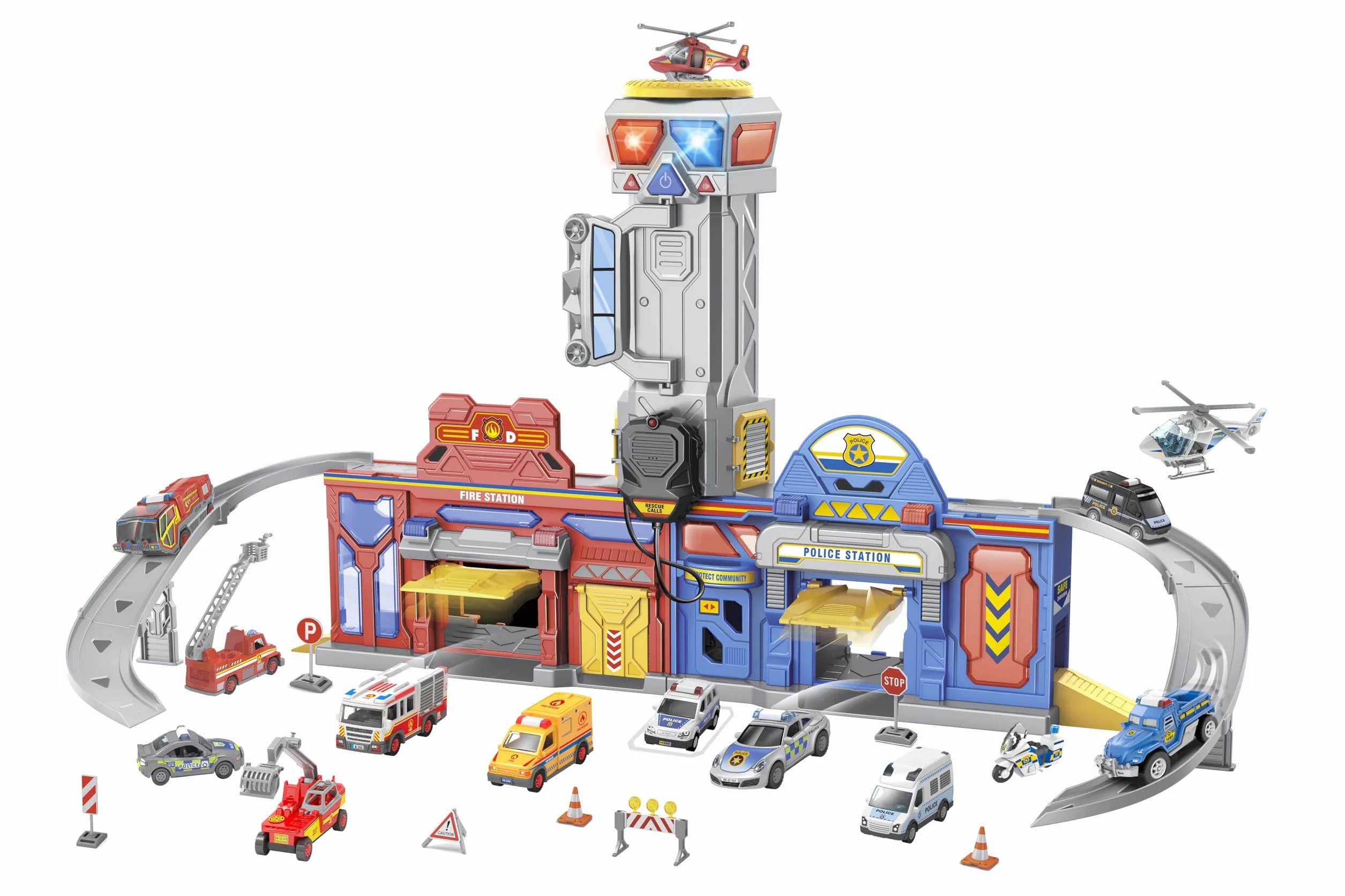 Gran estación de emergencia con sonidos y luces - Bomberos y policía - Sonidos y luces - Megáfono - 2 modelos de coche die-cast incluidos - Dimensiones 75 x 39 x 30 cm - Globo Juguetes - WToy 42189