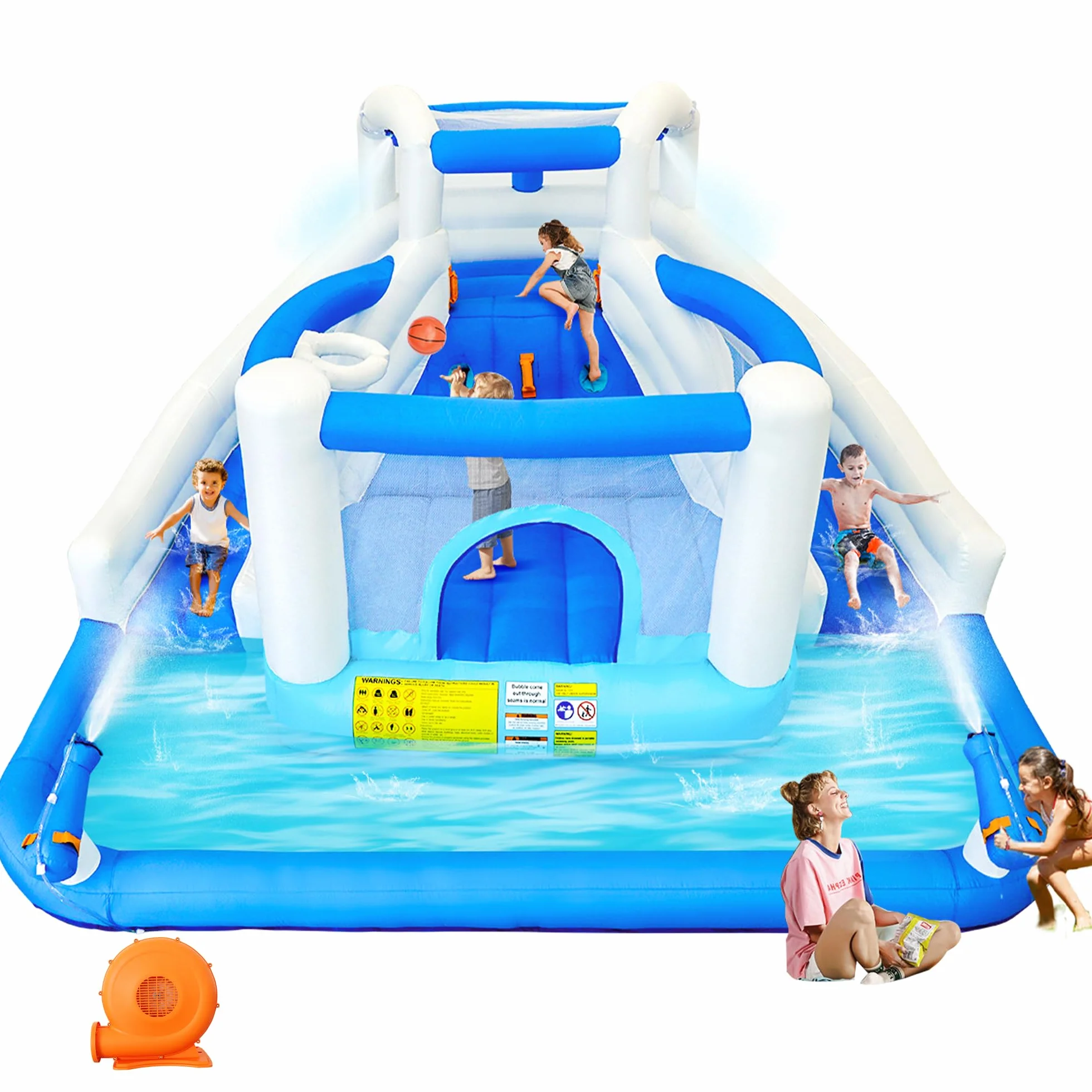 Castillo hinchable con tobogán acuático, trampolín, canasta de baloncesto y 2 pistolas de agua, castillo hinchable para niños, adecuado para jardín y fiesta