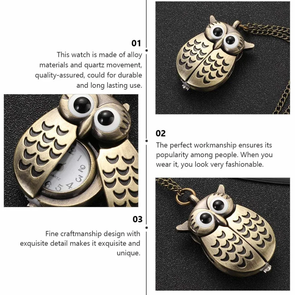 Búho Reloj de Bolsillo Vintage Retro Bronce Steampunk Locket Colgante Cadena Larga
