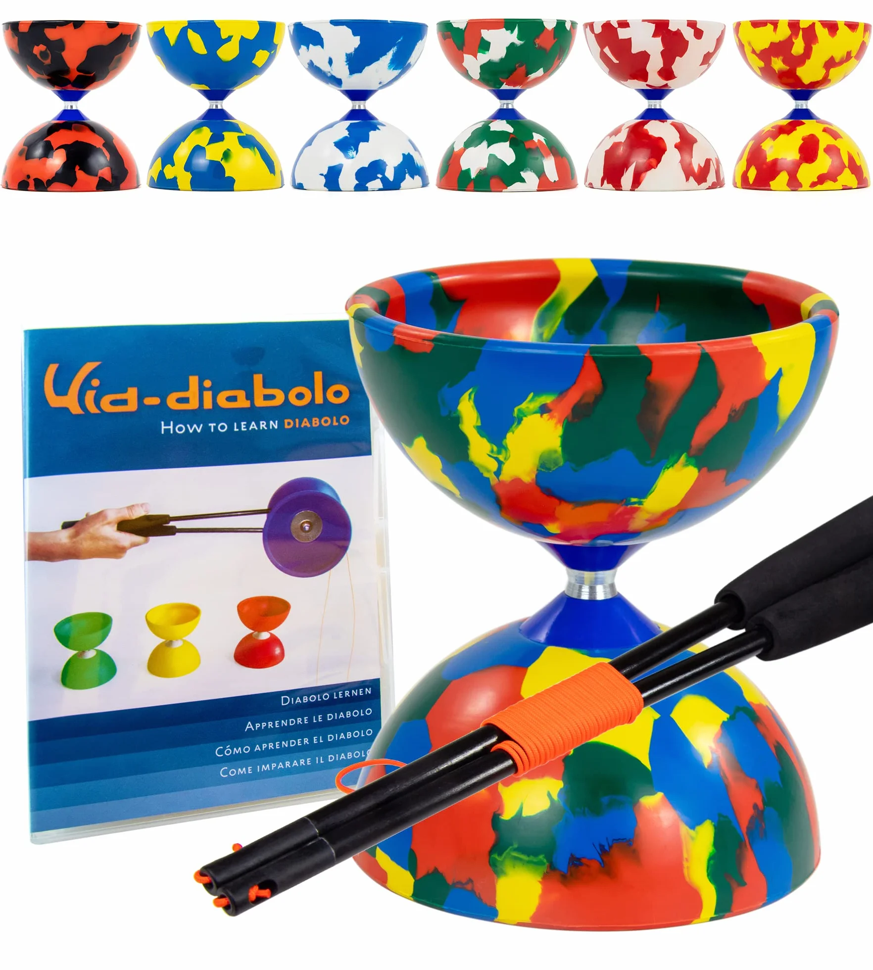 Juggle Dream Jester Diábolo Set para Malabares - Diábolo con Eje Fijo con Palos de Fibra y Vídeo de Aprendizaje en Línea (Multicolor)