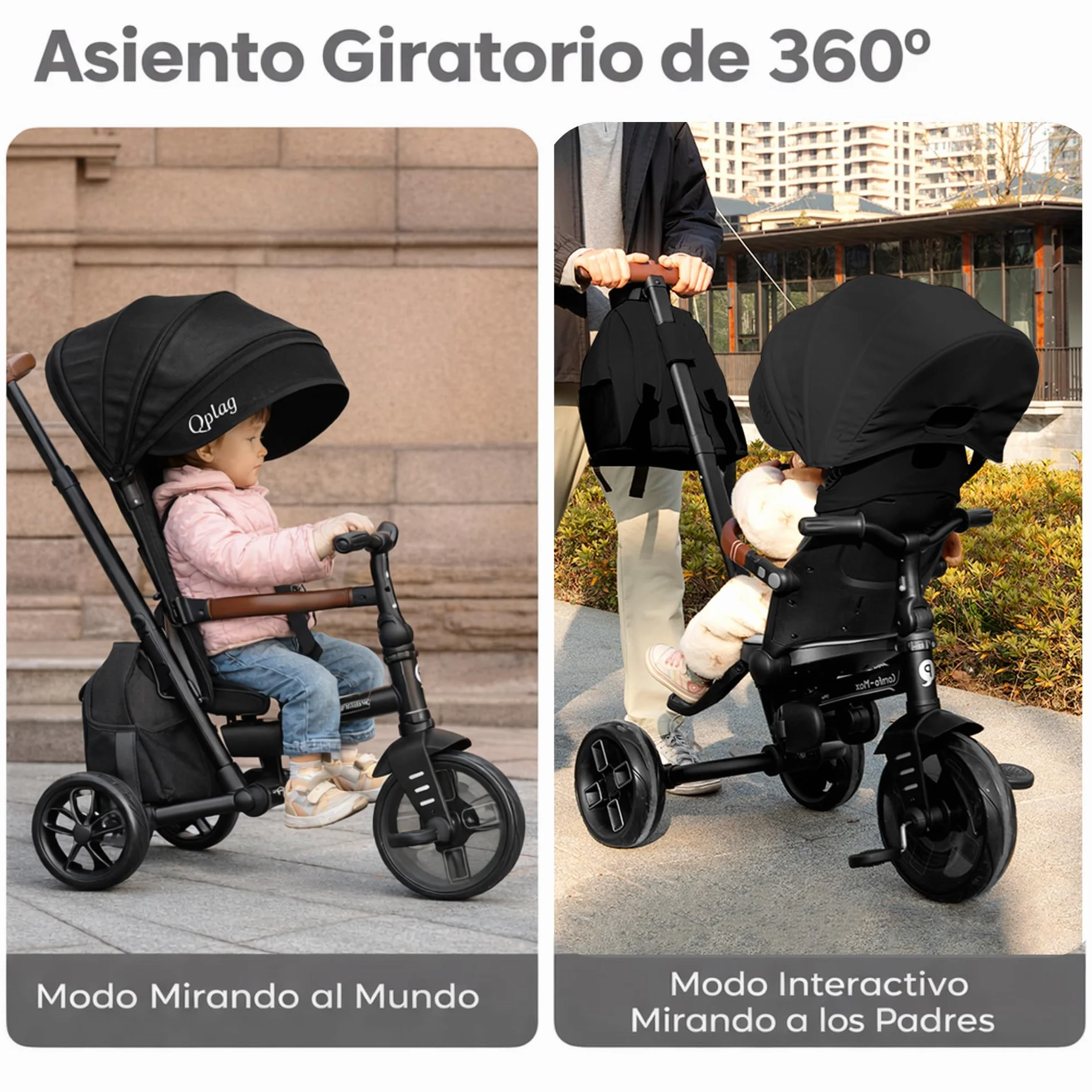 Qplay Triciclo Evolutivo COMFO MAX 6 en 1 Negro | Triciclo Bebe 1 Año Plegable de Aluminio con Asiento 360º, Reclinable y Capota – para Bebés de 10 a 72 Meses (Negro)