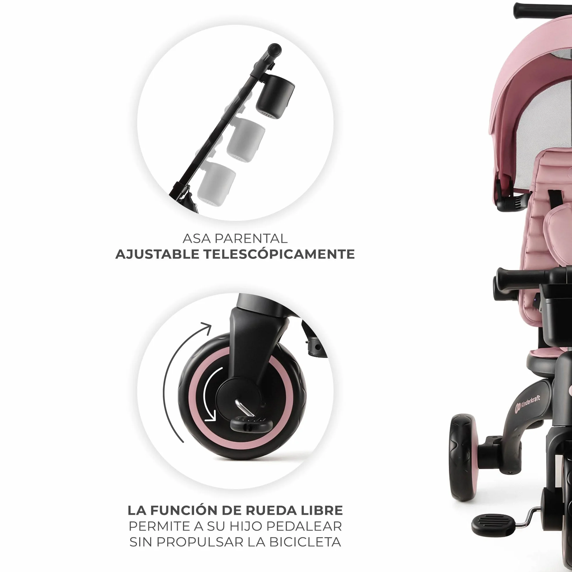 Kinderkraft JAZZ2 Triciclo 6 en 1, con función de Rueda para niños, Cochecito Plegable con Accesorios, protección UV UPF50+, de 9 Meses a 5 años, Rosa