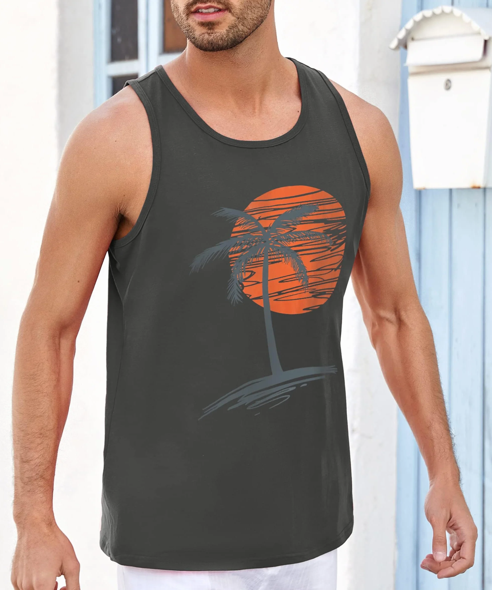 Runcati Camiseta de tirantes estampada para hombre, sin mangas, deporte, fitness, gimnasio, entrenamiento, camiseta interior de algodón transpirable