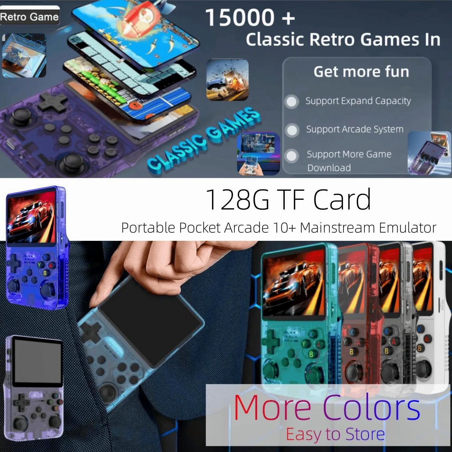 Portable Retro Handheld Game Console, 3.5inch IPS Screen, 10+ Mainstream Emulator,128G TF Card, 15000+ Classic Games, 3500mAH Battery (Blue 128G)