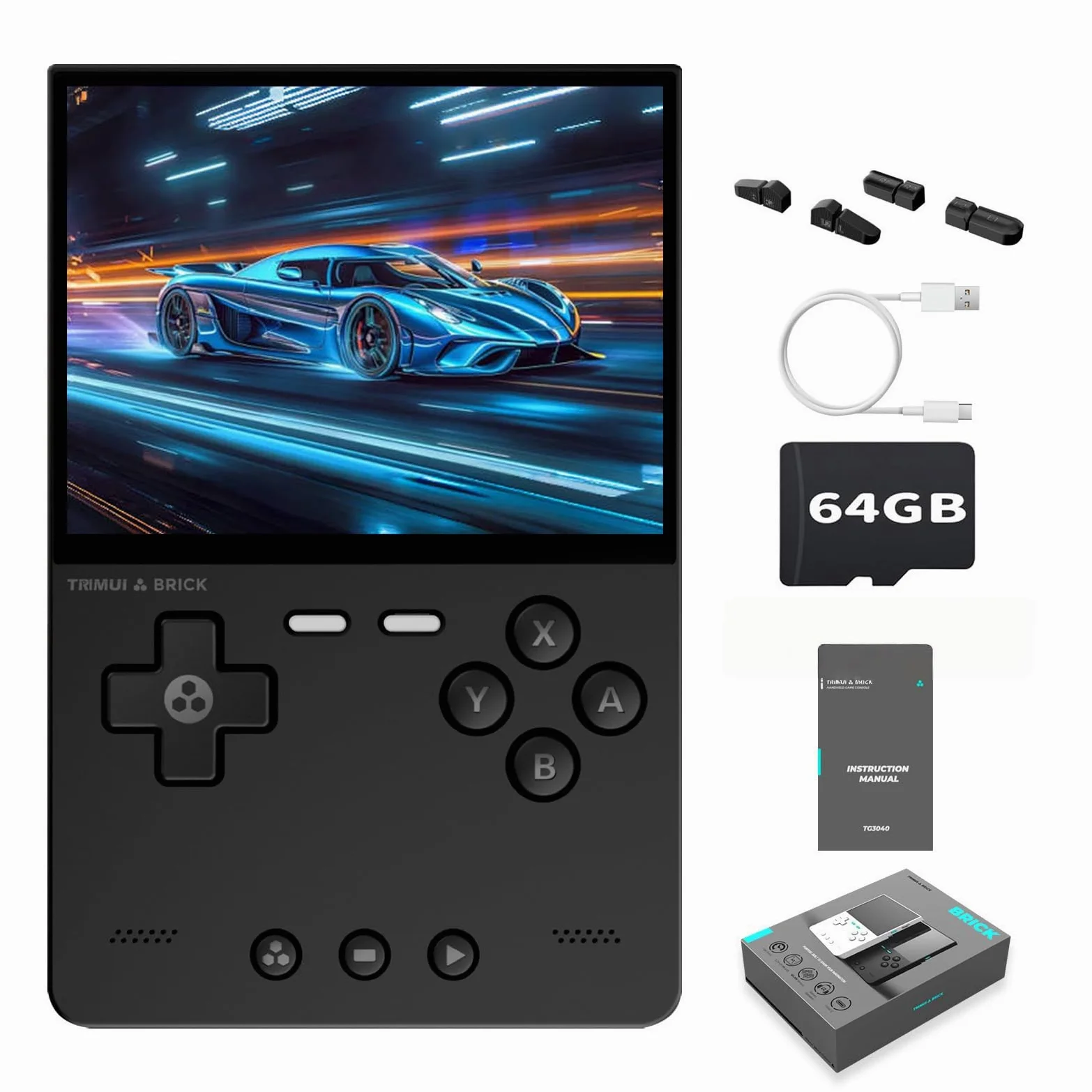 Trimui Brick - Consola de juegos portátil de 3.2 pulgadas, pantalla IPS 1024 x 768, 3000 mAh, tarjeta TF integrada de 64 G, soporta múltiples simuladores, sistema Linux con protector de pantalla