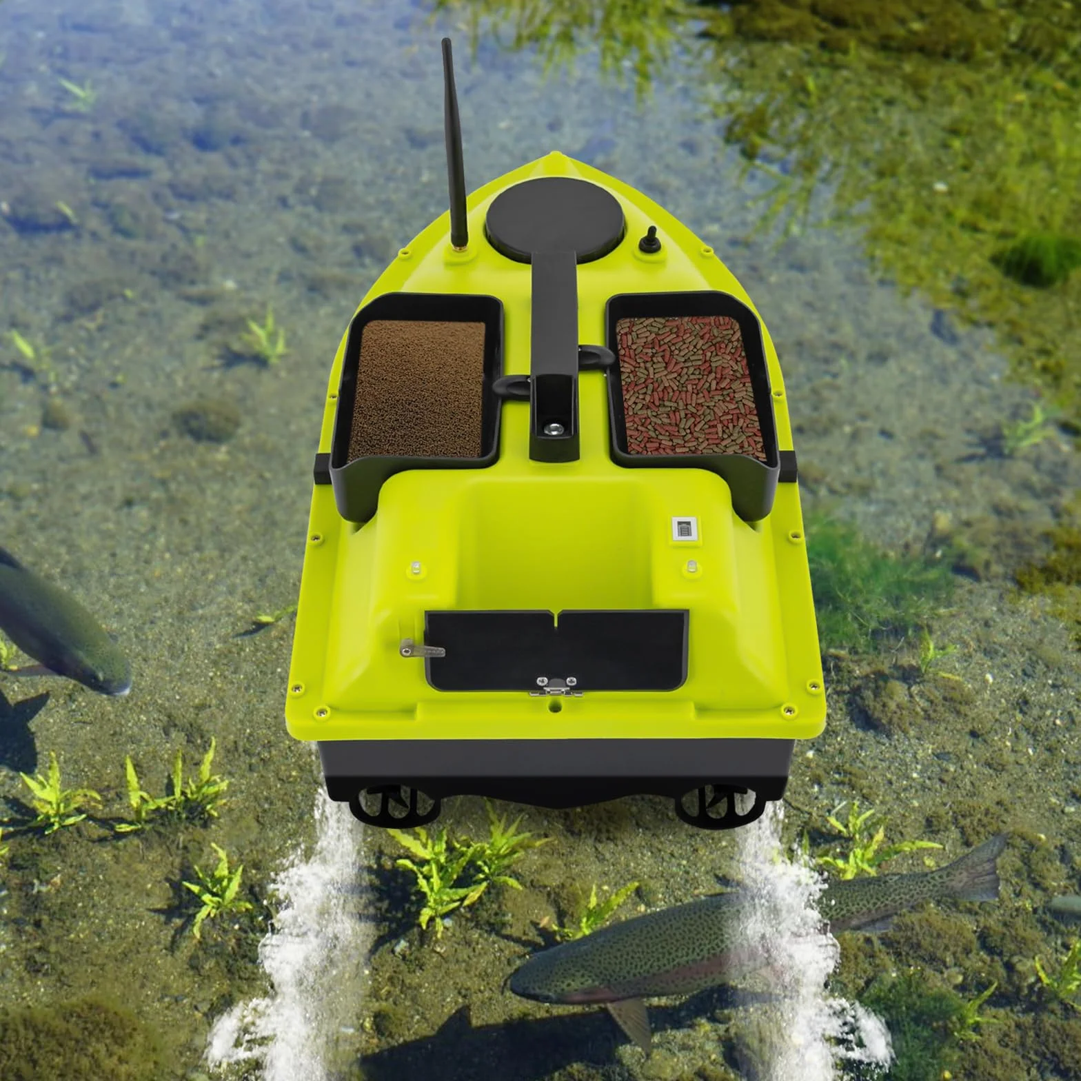 Barco de pesca con GPS, 99 posiciones, motor dual de 52 W, batería de 90 min, alcance de 600 m, mando a distancia LCD, incluye bolsa de transporte