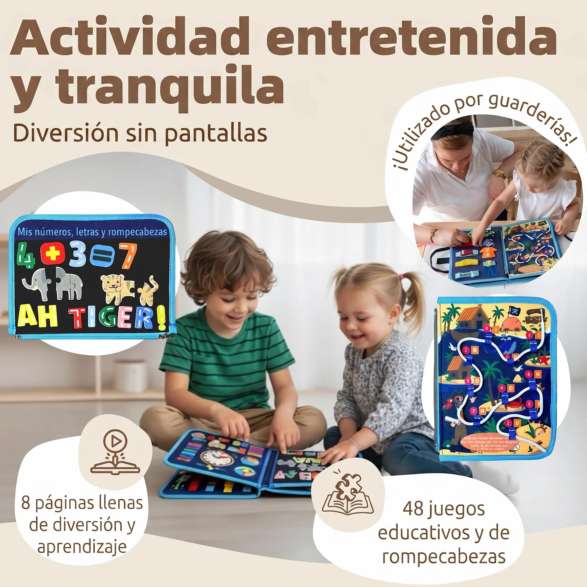 Mallie® Montessori Busy Board en Español para 1 2 3 años con Juego de rol y Marionetas – Busy Board, Libro Montessori 1 Año, Busy Book, Libro Sensorial Bebe 1 Año, Libro Montessori 2 Años