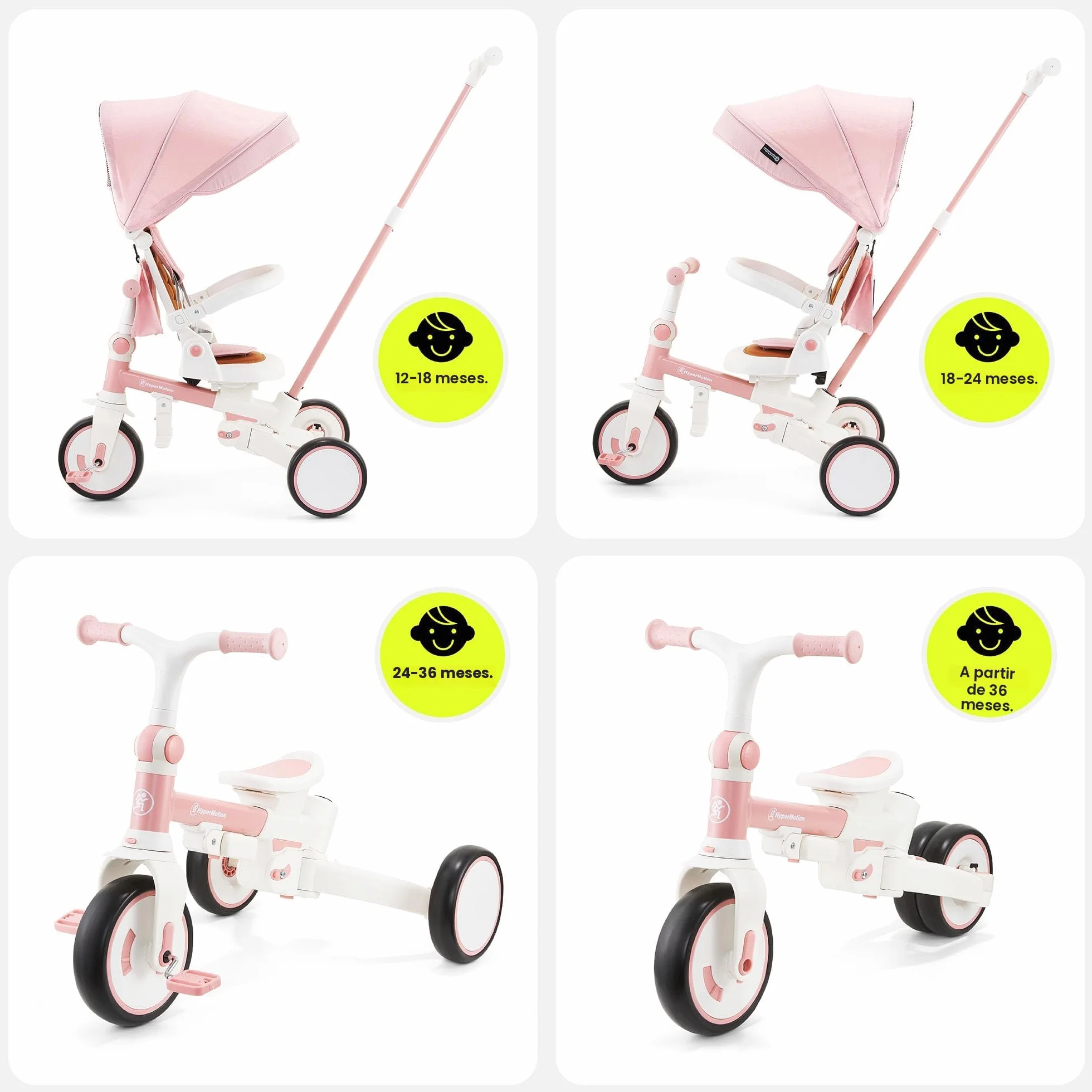 HyperMotion Triciclo Evolutivo 8 en 1 Rosa – Triciclo Bebe Plegable y Reclinable con Asiento 360° y Capota – Arnés, Barra de Empuje – Trike para Niñas de 1 a 5 Años