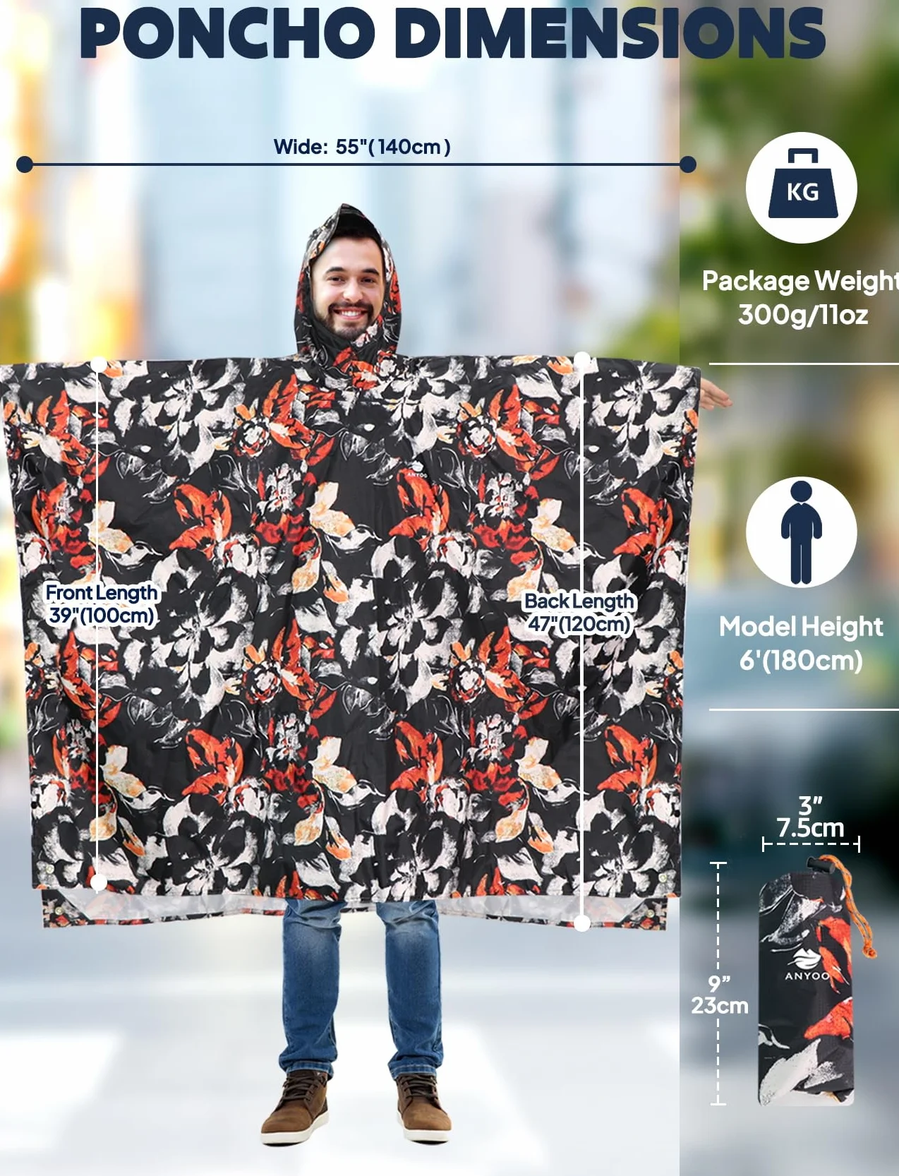 ANYOO Poncho de lluvia impermeable con mangas y bolsillo, ligero, reutilizable, chaqueta con capucha talla única