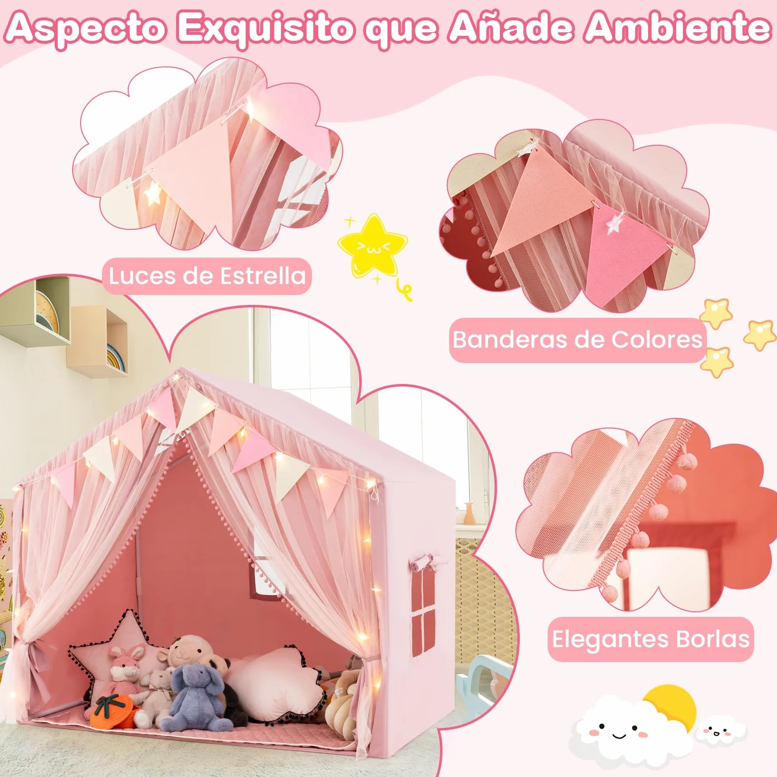 COSTWAY Tienda de Campaña Infantil, Tienda Tipi Infantil con 2 Cortinas de Tela y Malla, Luces de Estrellas, 2 Ventanas Transpirables, Almohadilla de Algodón, Casita Niños Tela para 3-4 Niños (Rosa)