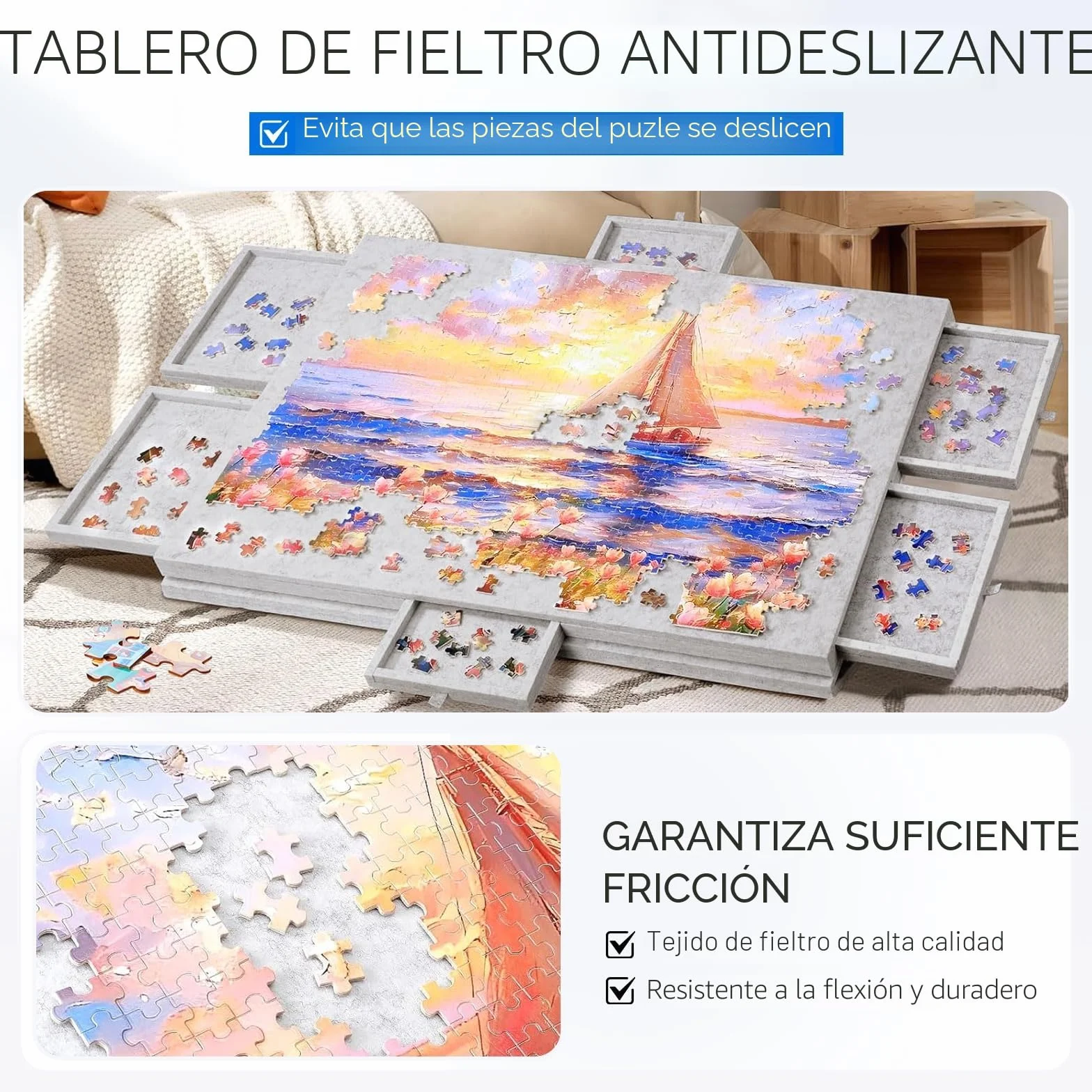 1000 Piezas Mesa de Rompecabezas con 6 Cajones, Mesa de Puzle Portátil, Puzzle Board de Fieltro Ligero, Rompecabezas de Caballete para Niños y Adultos (Gris)