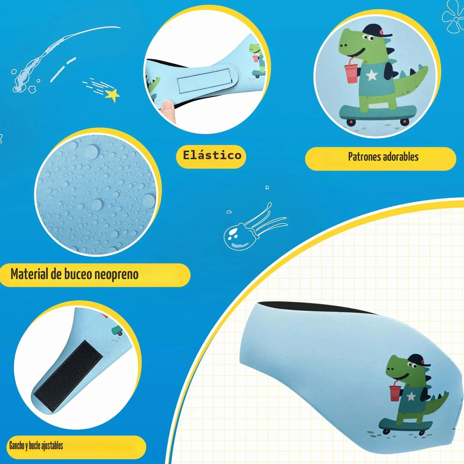Diadema de Natación Banda de Neopreno Elástica para Niños con Patrón Animal Lindo (Azul, M)