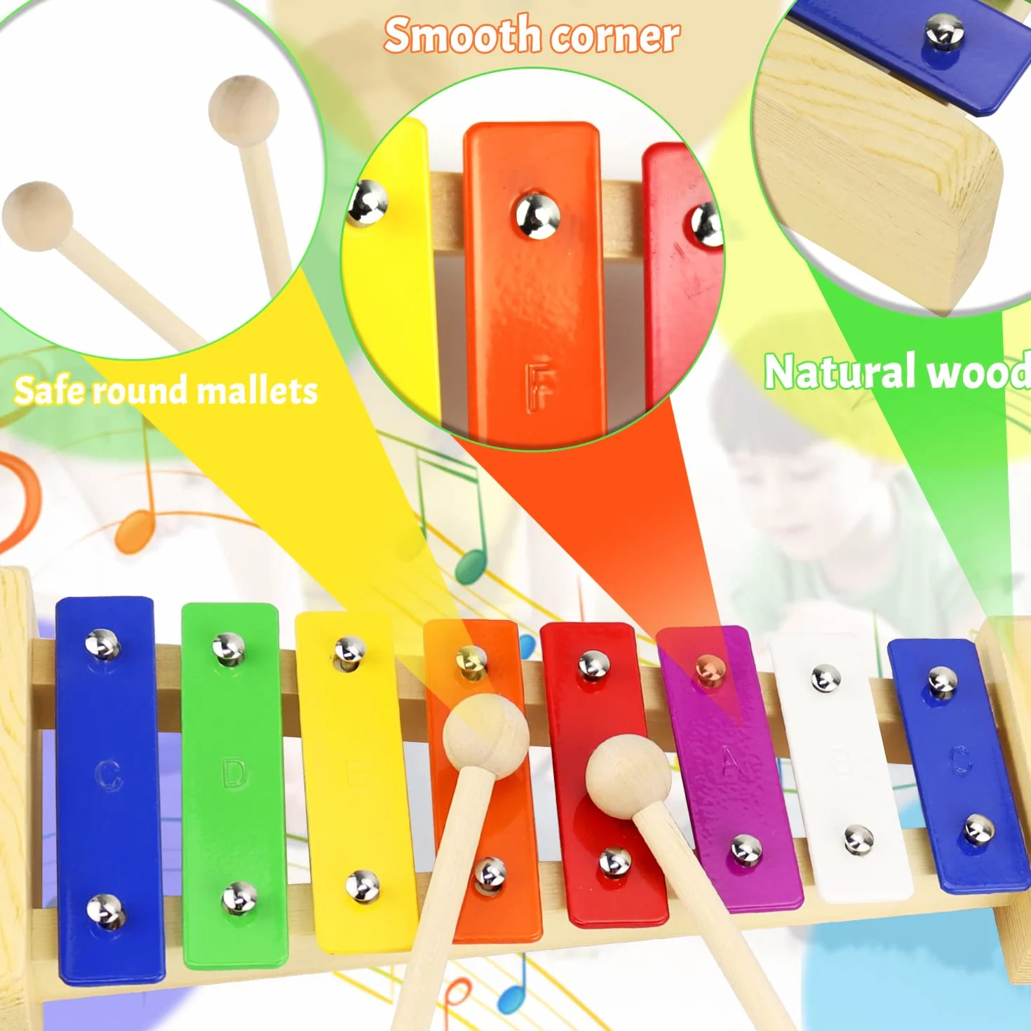 Instrumentos Musicales Infantiles Xilofono Juguetes Bebe Madera Carrillon Cromatico Escolar con Baquetas Xilofono Carillon Musical Metalofono Xilófonos Silofono Niños para Infantil Adultos (8 Tono)