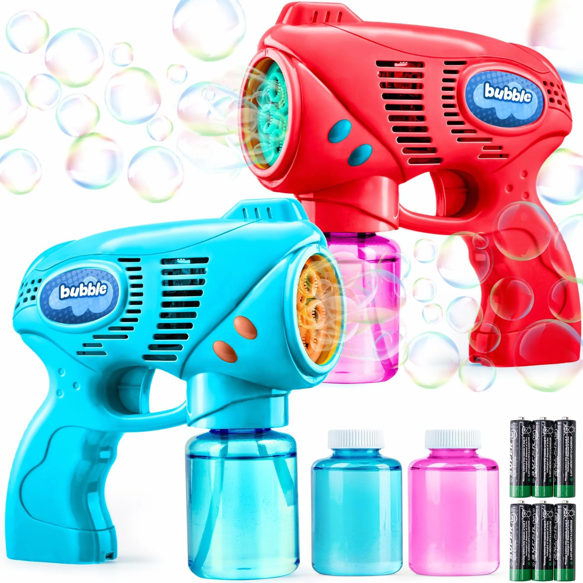 2 Pistolas de Burbujas para Niños con 2 x 148ml Solución de Recarga de Burbujas, Juguete de Verano, Actividad al Aire Libre, Pascua, Regalo de cumpleaños, Regalos de Fiesta