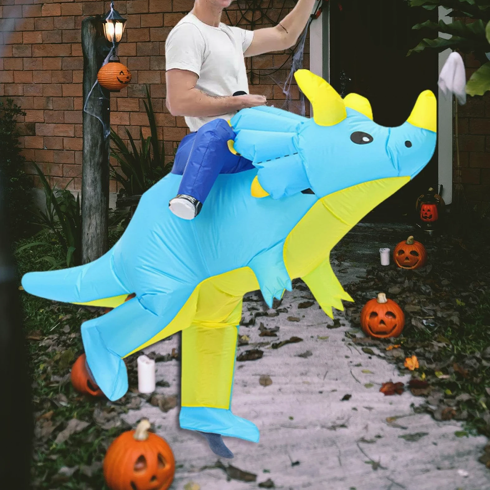 Disfraz Inflable de Dinosaurio con Ventilador Y Diseño de Montar Triceratops para Adultos Y Niños en Poliéster Cómodo Adecuado para Fiestas, Tamaño para Niños