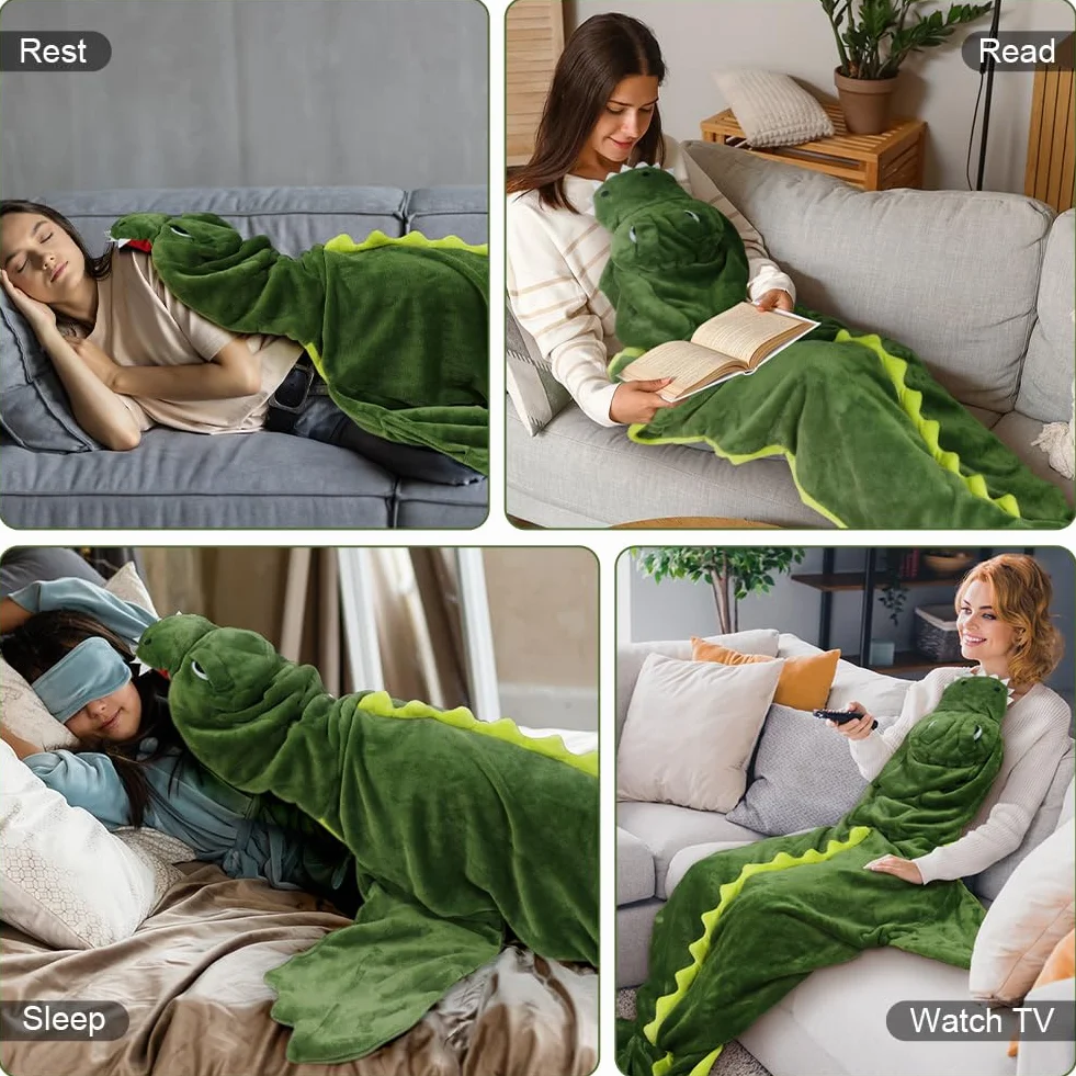 Saco de Dormir de Cocodrilo, Saco de Dormir con Cremallera de Cocodrilo，Dormir de Franela Súper Suave y Acogedor con Capucha y Cola