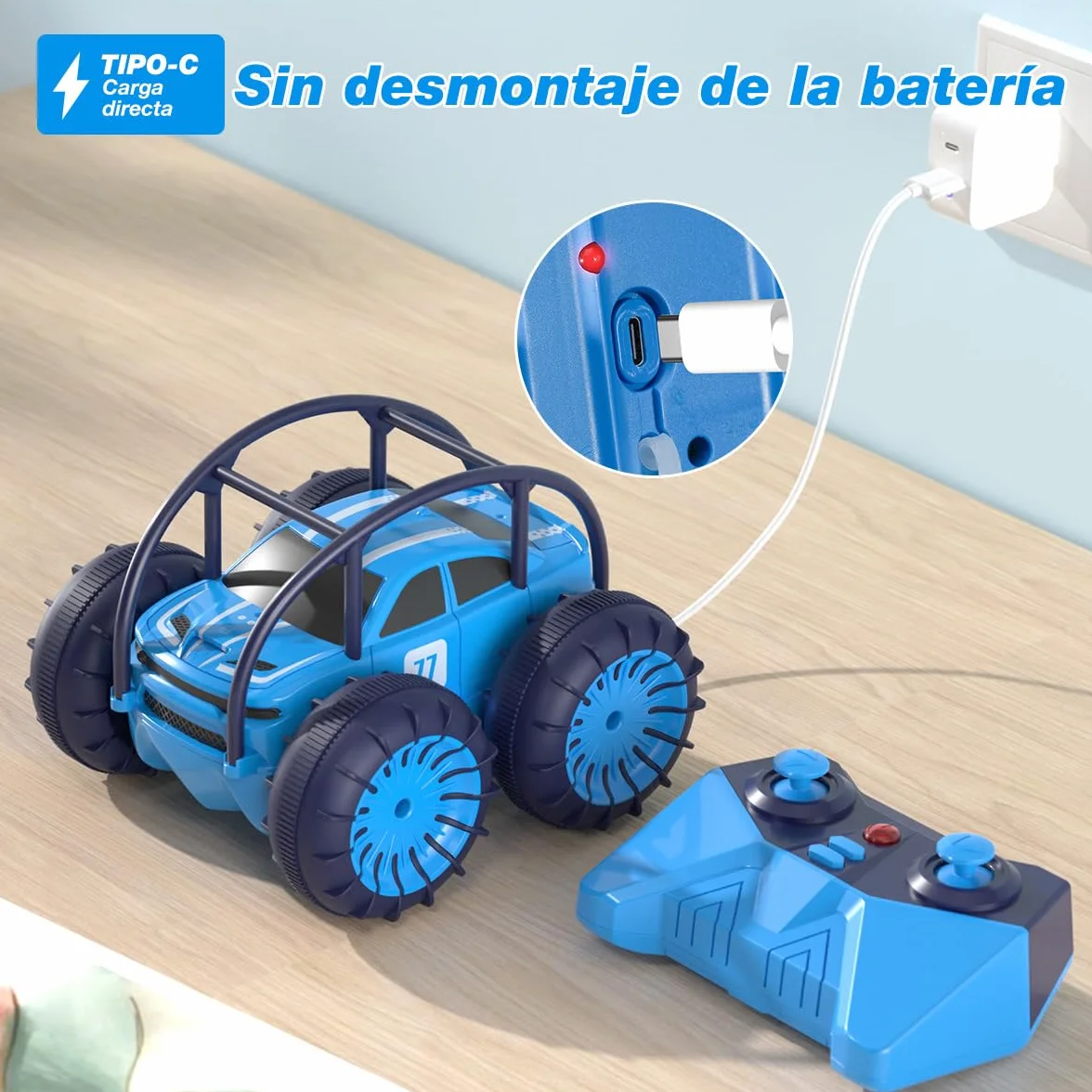 MaxTronic Coche Teledirigido Anfibio 2.4G 360° 15KM/H 4WD Acrobacias Todoterreno LED Ajustable para Niños 3-12 Años