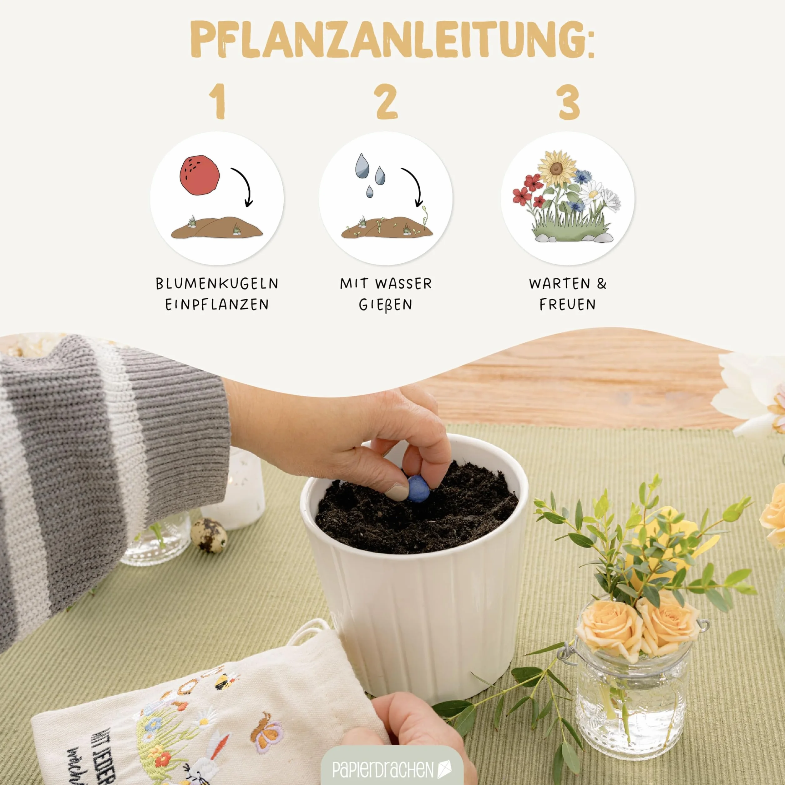 Papierdrachen 20 bolas de flores con saquito de conejo de Pascua – Semillas de flores – Pascua – Bordado colorido – Abejas – Regalo sostenible