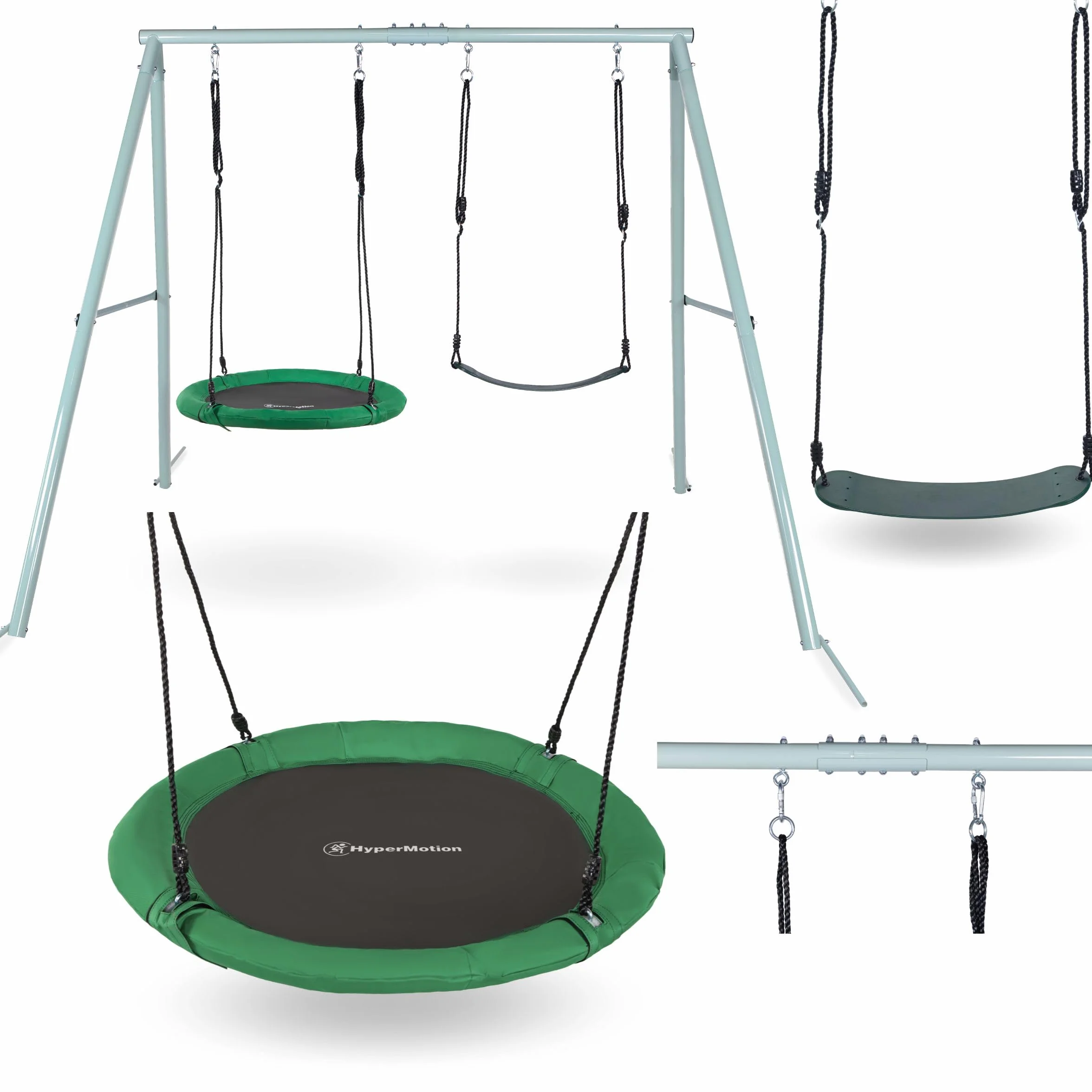 HyperMotion Columpio Infantil Doble para Jardín Exterior - Asiento y Nido de Cigüeña Ajustable con Estructura en A - para 2-3 Niños, Carga 200kg, Resistente UV