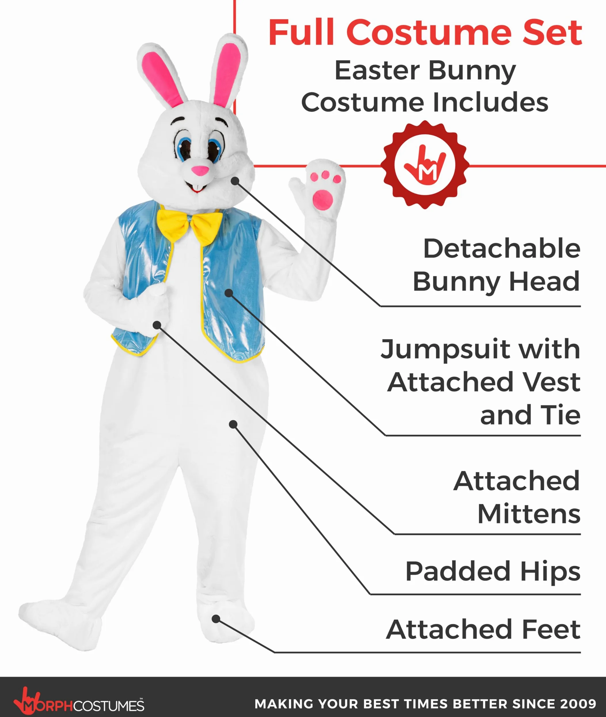 Morph Disfraz Conejo de Pascua Adulto, Disfraz Halloween Adulto | Mono con Chaleco, Cabeza Desmontable, Manoplas & Pies, Estilo Blanco, Perfecto para Halloween, Siempre un Éxito