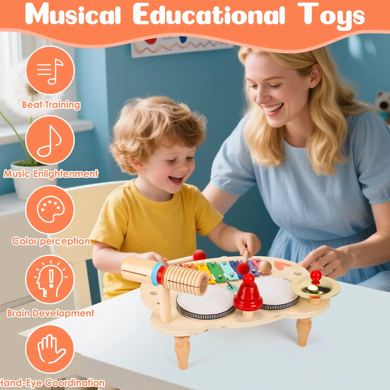 LZDMY Juguetes Instrumentos Musicales Infantiles, Juguetes Montesorri Madera de Tambores, Regalos Niños Niñas 3 4 5 6 Años para Navidad Cumpleaños Reyes Magos