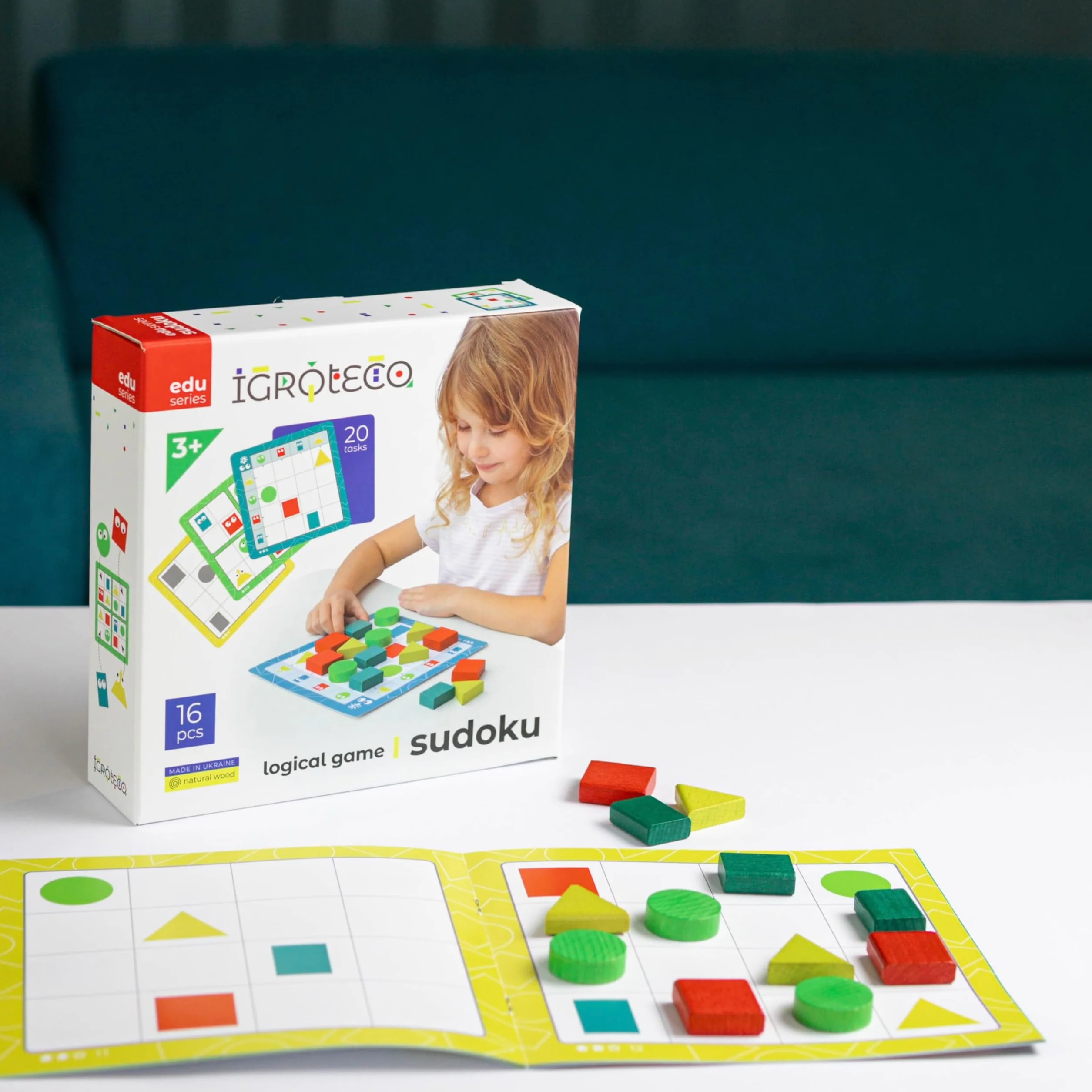 Sudoku Geométrico de Madera – Juguete Educativo 16 Piezas 20 Tareas – Estimula Lógica y Motricidad Fina – Desde 3 Años