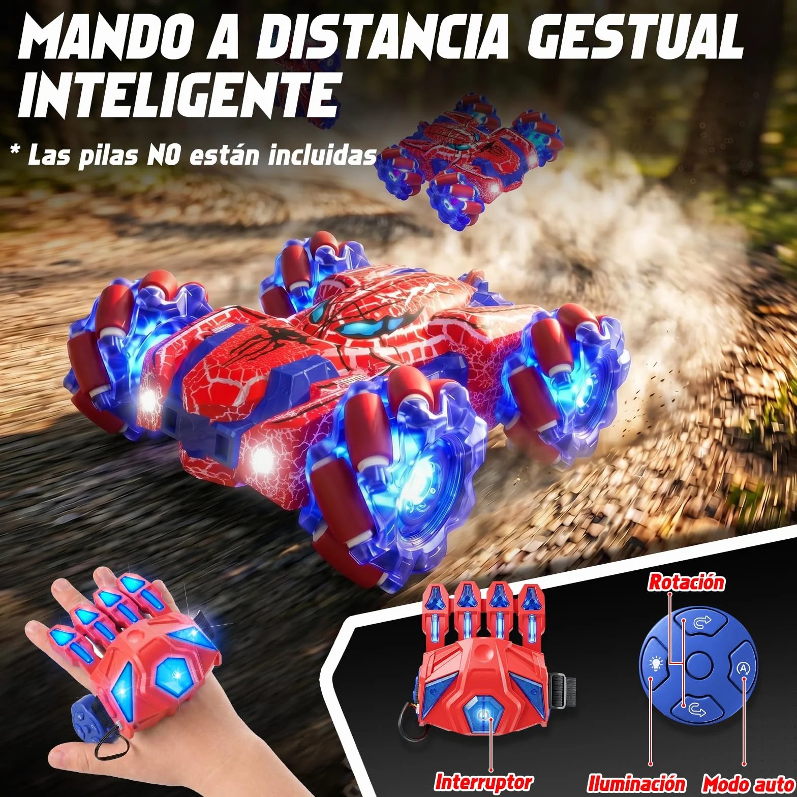 Spider Coche Teledirigido con Reconocimiento de Gestos a Partir de 4 5 6 7 8 9 10 11 12 años, Coches RC Doble Cara con Iluminación Completa, 2,4 GHz Coche Stunt RC Recargable con Mando a (Rojo)