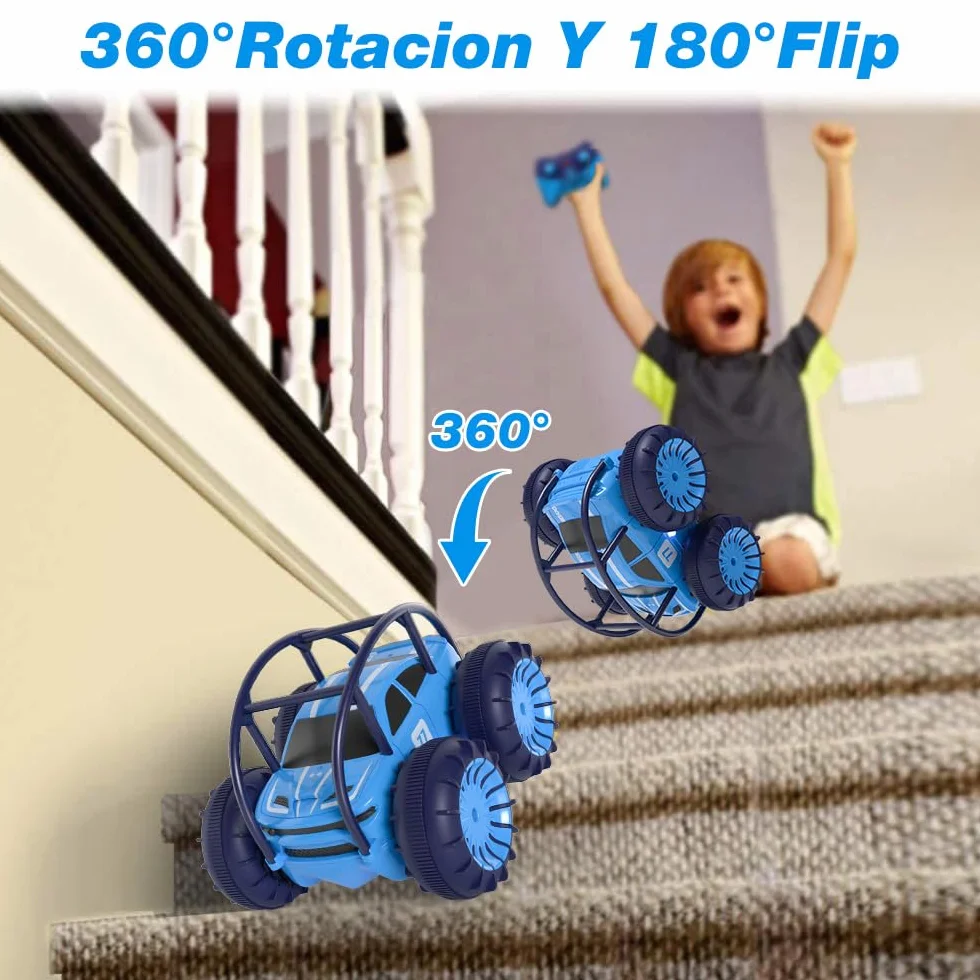 MaxTronic Coche Teledirigido Anfibio 2.4G 360° 15KM/H 4WD Acrobacias Todoterreno LED Ajustable para Niños 3-12 Años
