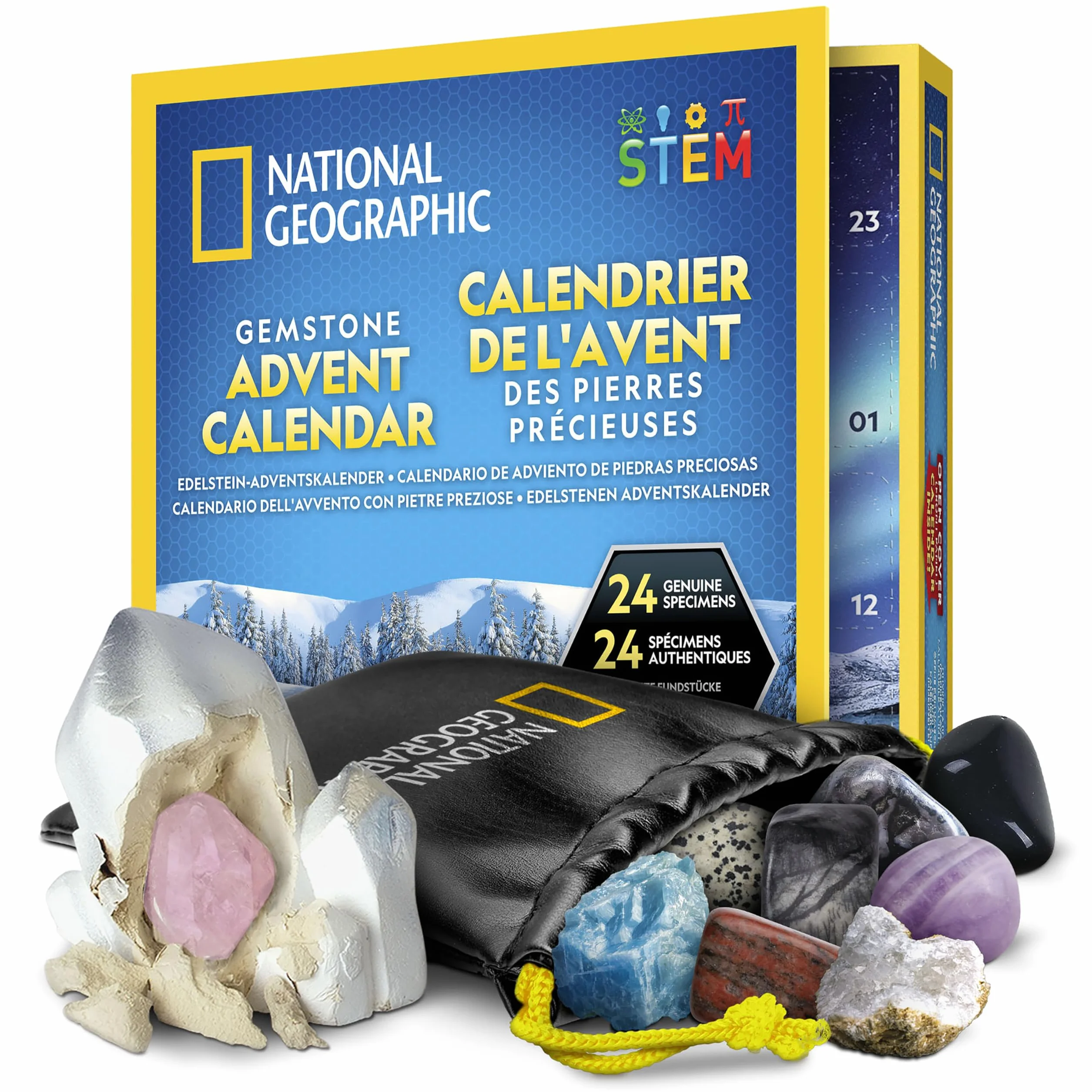 NATIONAL GEOGRAPHIC 2025 Calendario de Adviento de Gemas - Calendario para Niños con 24 Gemas para Abrir Cada Día, Colección de Rocas, Cuenta Atrás de Navidad con Mini Kit de Excavación de Gemas
