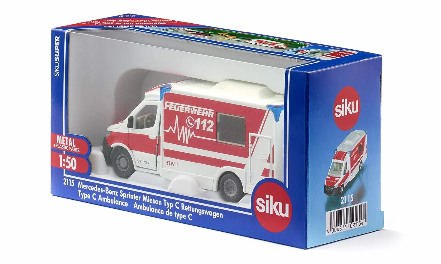 Siku 2115, Mercedes-Benz Sprinter Miesen Tipo C Ambulancia, 1:50, Metal/plástico, Rojo/Blanco, Techo Desmontable, Incl. Camilla y Tablero Giratorio