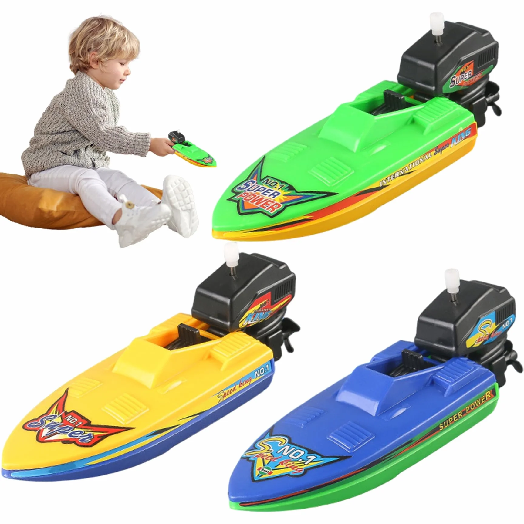 Barco de Juguete, 3 Piezas de plástico Flotante, Barco a Motor de Cuerda, Juguete de baño para bañera, Juego de Agua, de baño de Cuerda Seguro y Divertido para niños Mayores de 3 años, Barcos