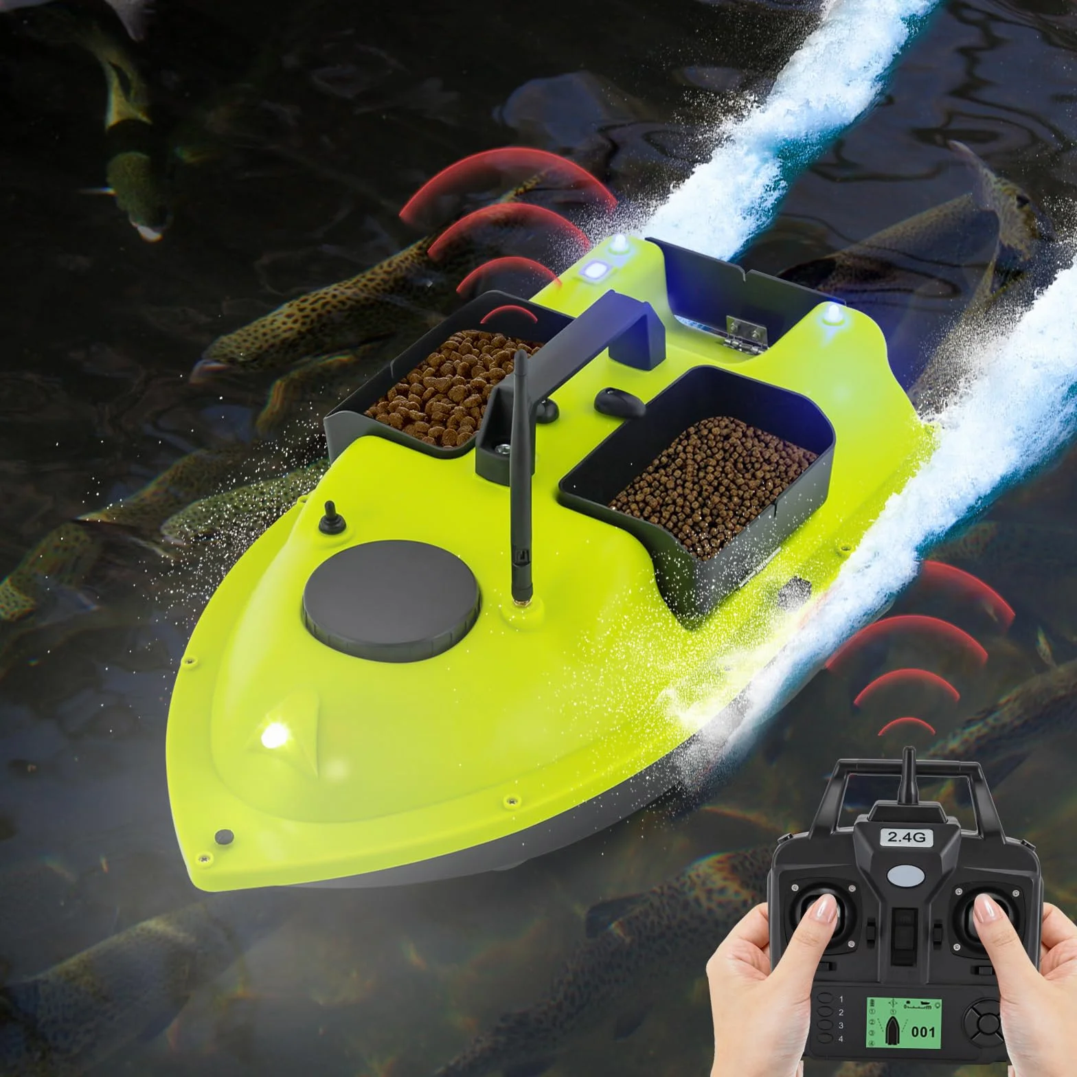 Barco de pesca con GPS, 99 posiciones, motor dual de 52 W, batería de 90 min, alcance de 600 m, mando a distancia LCD, incluye bolsa de transporte