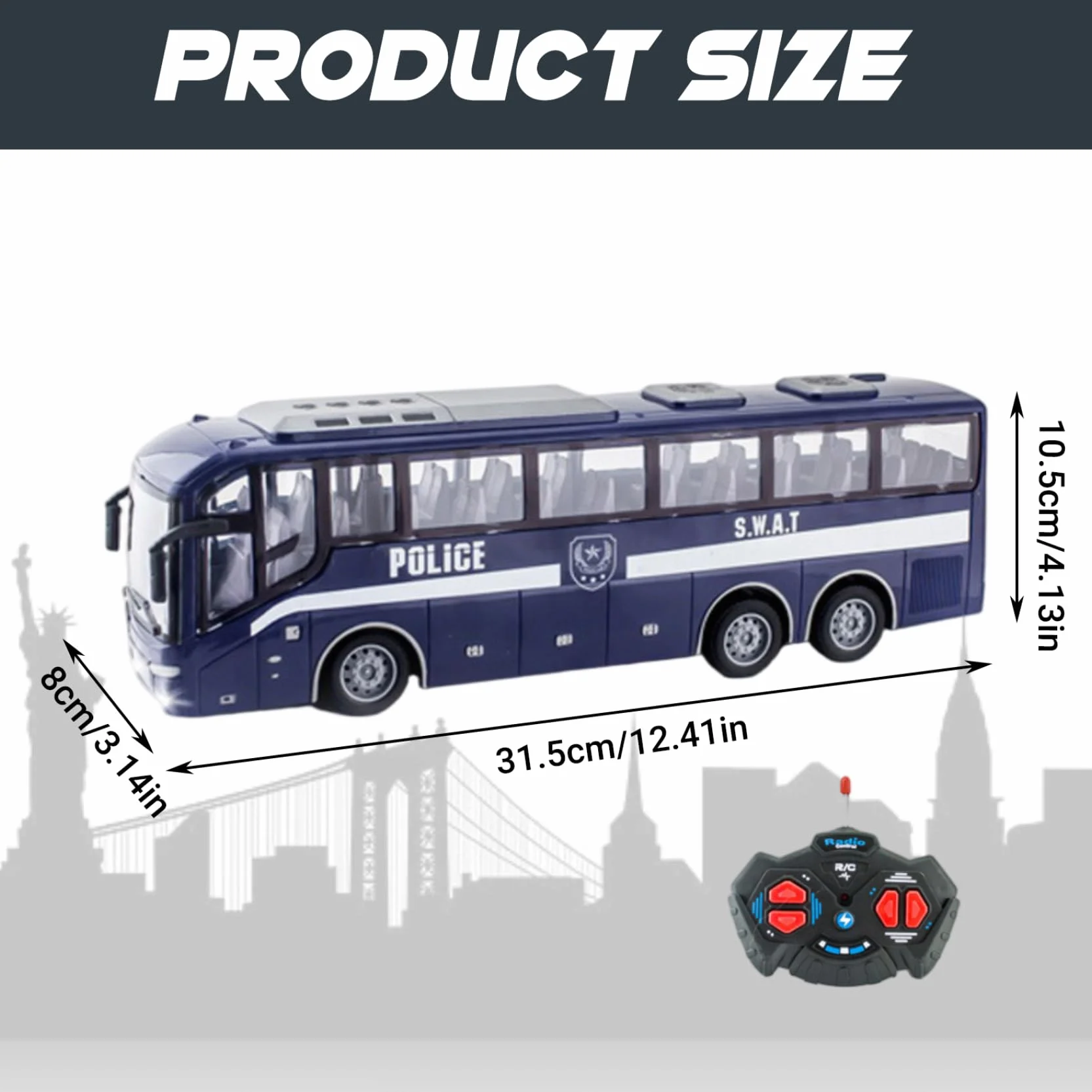 Juguete de autobús de la policía, 12.4x3.2x4.5 pulgadas 1:30 Simulador de autobús de la policía eléctrica realista y divertida de control remoto, regalo creativo para niñas, sin batería, azul