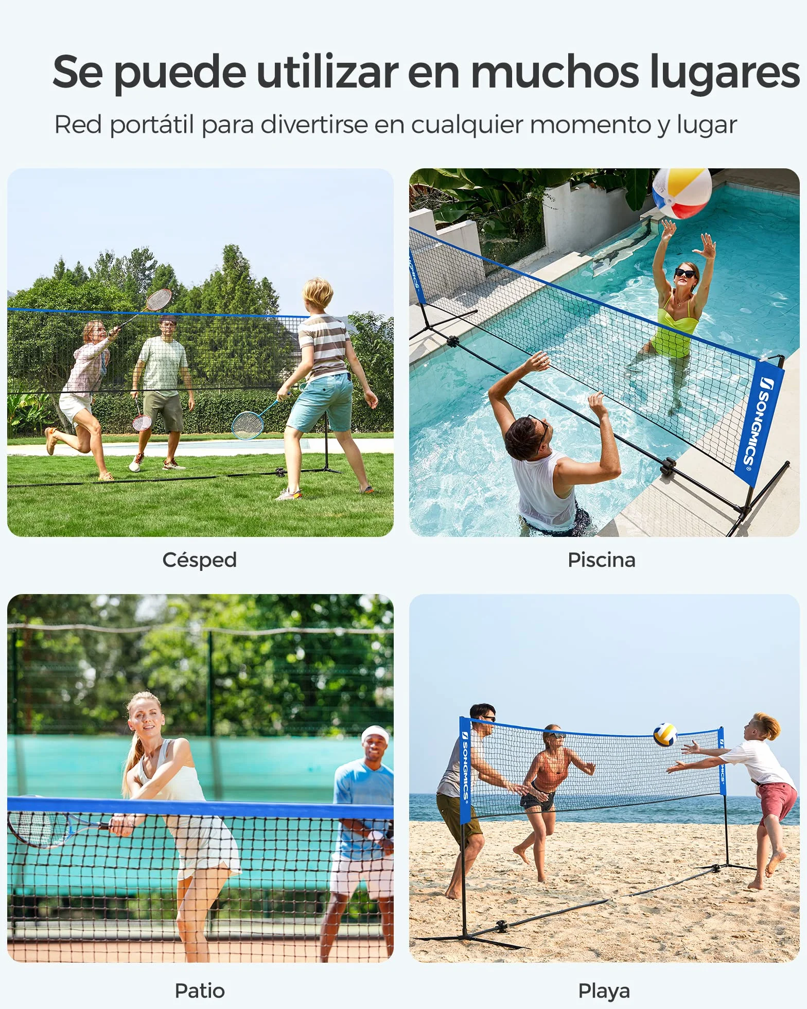 SONGMICS Red de Bádminton 4 m, Voleibol con Postes Ajustables, Portátil para Jardín, Parque, Exterior, Azul SYQ400