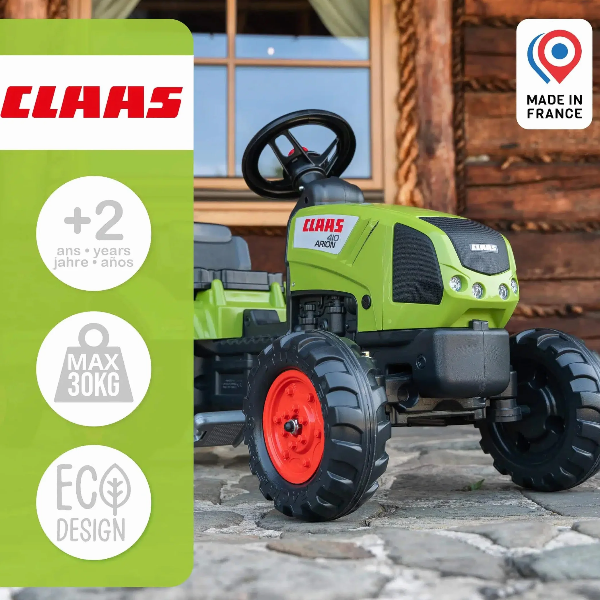 Falk - Tractor de Pedales Claas con Remolque - A Partir de 2 años - Fabricado en Francia - Volante direccional con bocina - 2040A