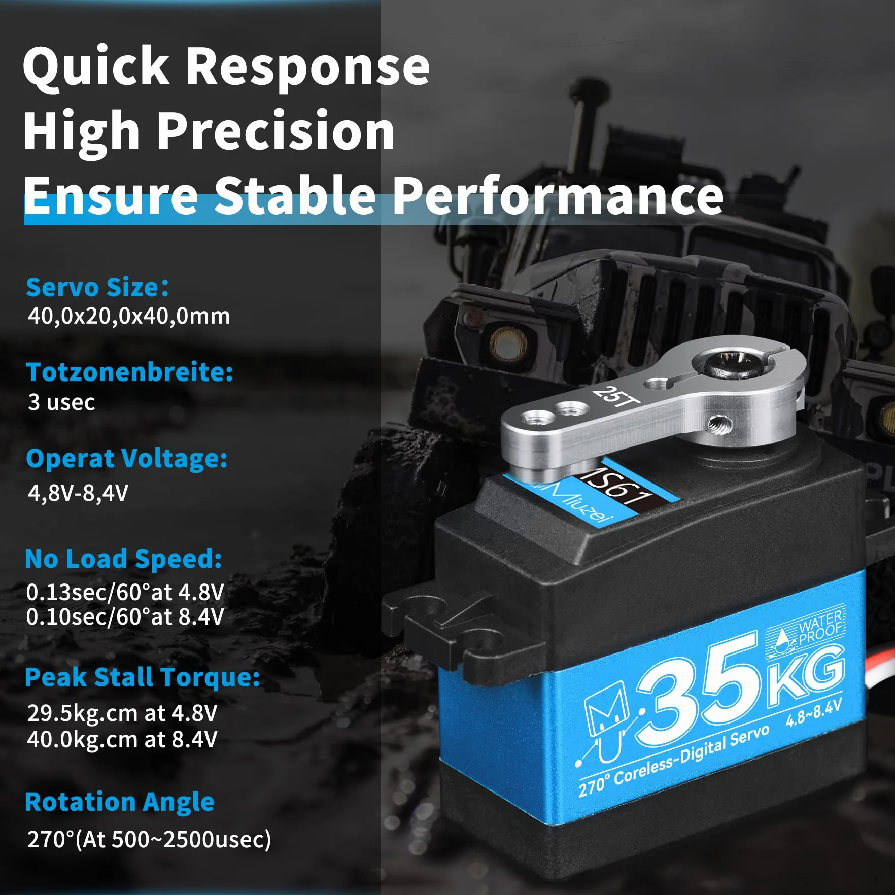 Miuzei Servo 35 kg 270° RC Digital Servomotor impermeable metal engranaje motor modelado para coche 1/10 1/8 robot brazo avión 8,4 V alta velocidad Torque Micro servo de dirección con cable 25T