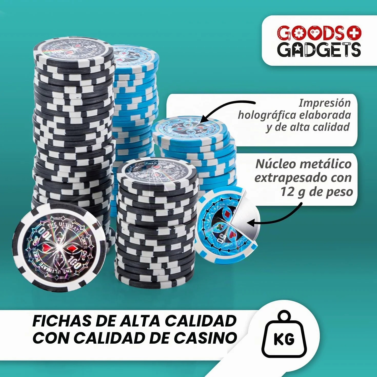 GOODS+GADGETS Maletín de Póquer con 300 a 500 Fichas, Baraja de Cartas, Dados y Botón del Crupier - Maleta de Aluminio con Cerradura (Negro, 300 Fichas)