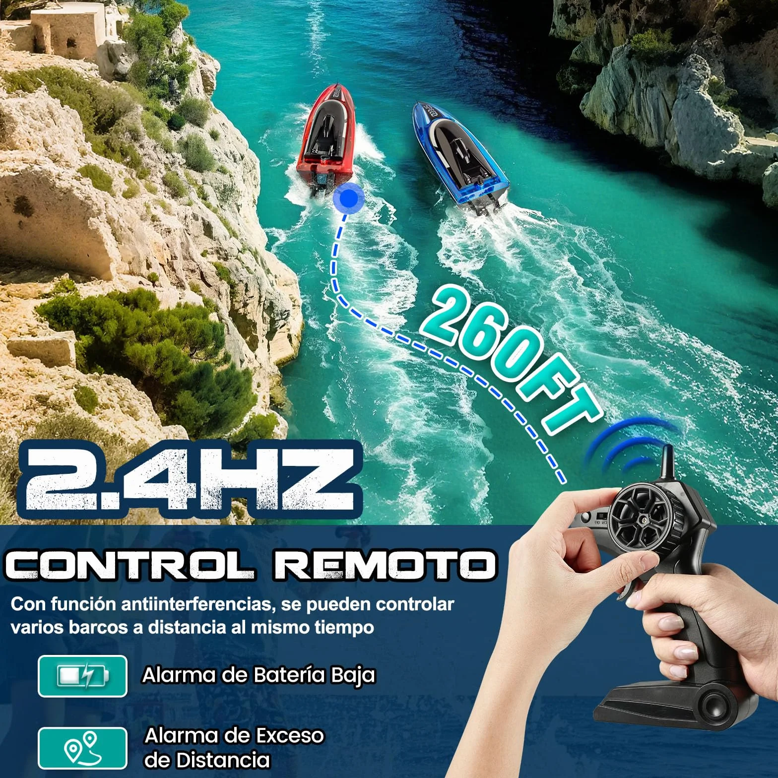 JONRRYIN Barco Teledirigido 2 Piezas, 2.4GHz Barcos Teledirigidos con Luces LED y Alarma de Batería Baja, Barcos RC Regalo para Niños y Adulto (Rojo+Azul)