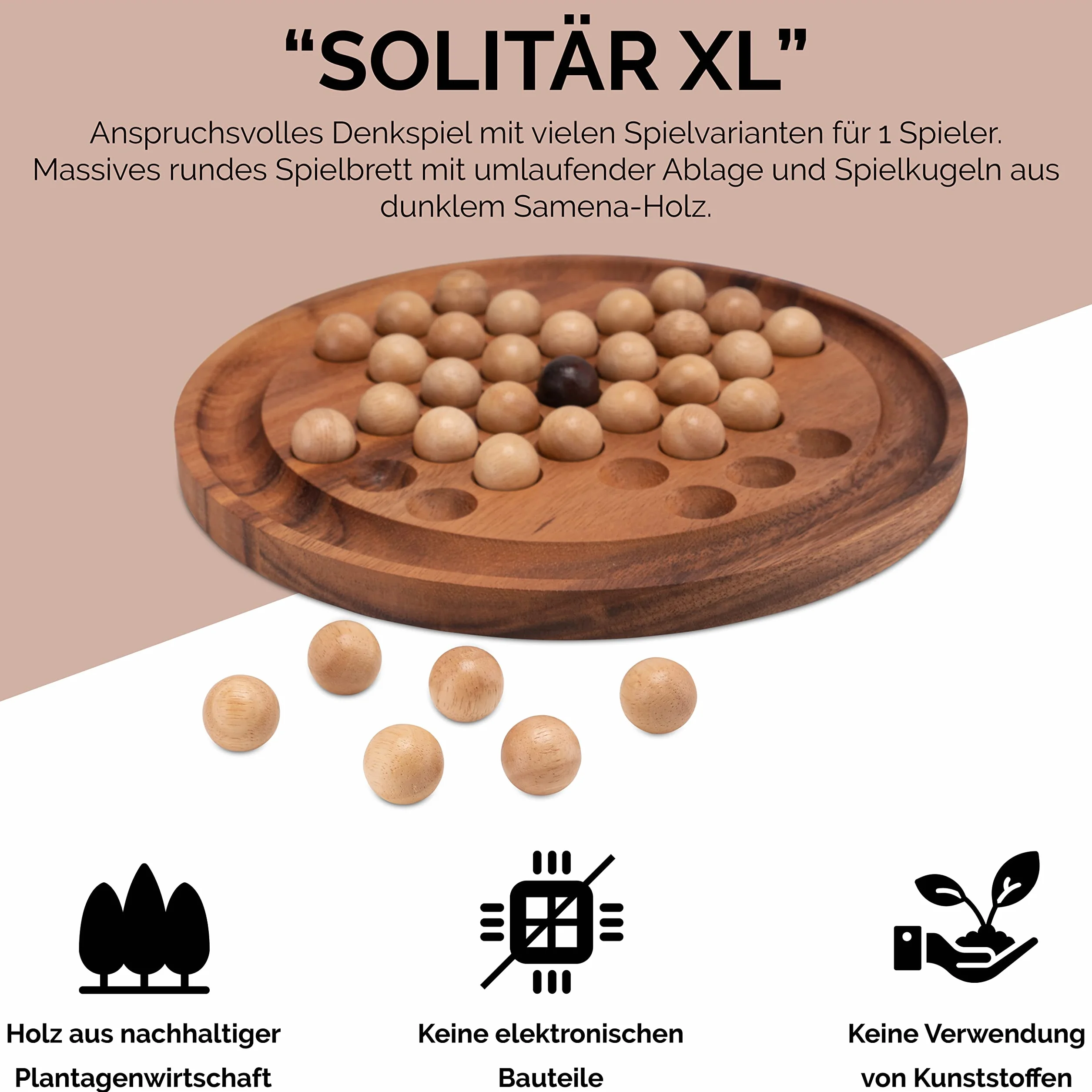 LOGOPLAY Solitario tamaño XL Redondo con Bolas - 26 cm de diámetro - Solitario - Rompecabezas - Juego de Paciencia - Juego de lógica de Madera de Samena Marrón