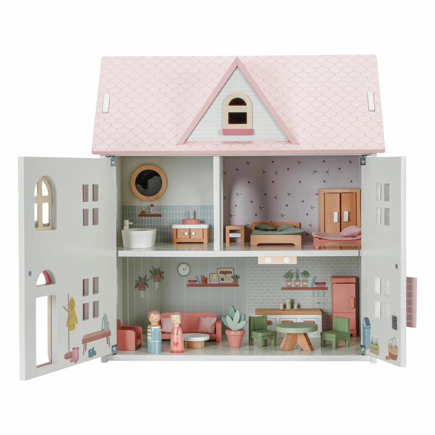 Little Dutch Casa de muñecas grande de madera desplegable con muchos accesorios, figuras de juego y muebles, color blanco y rosa