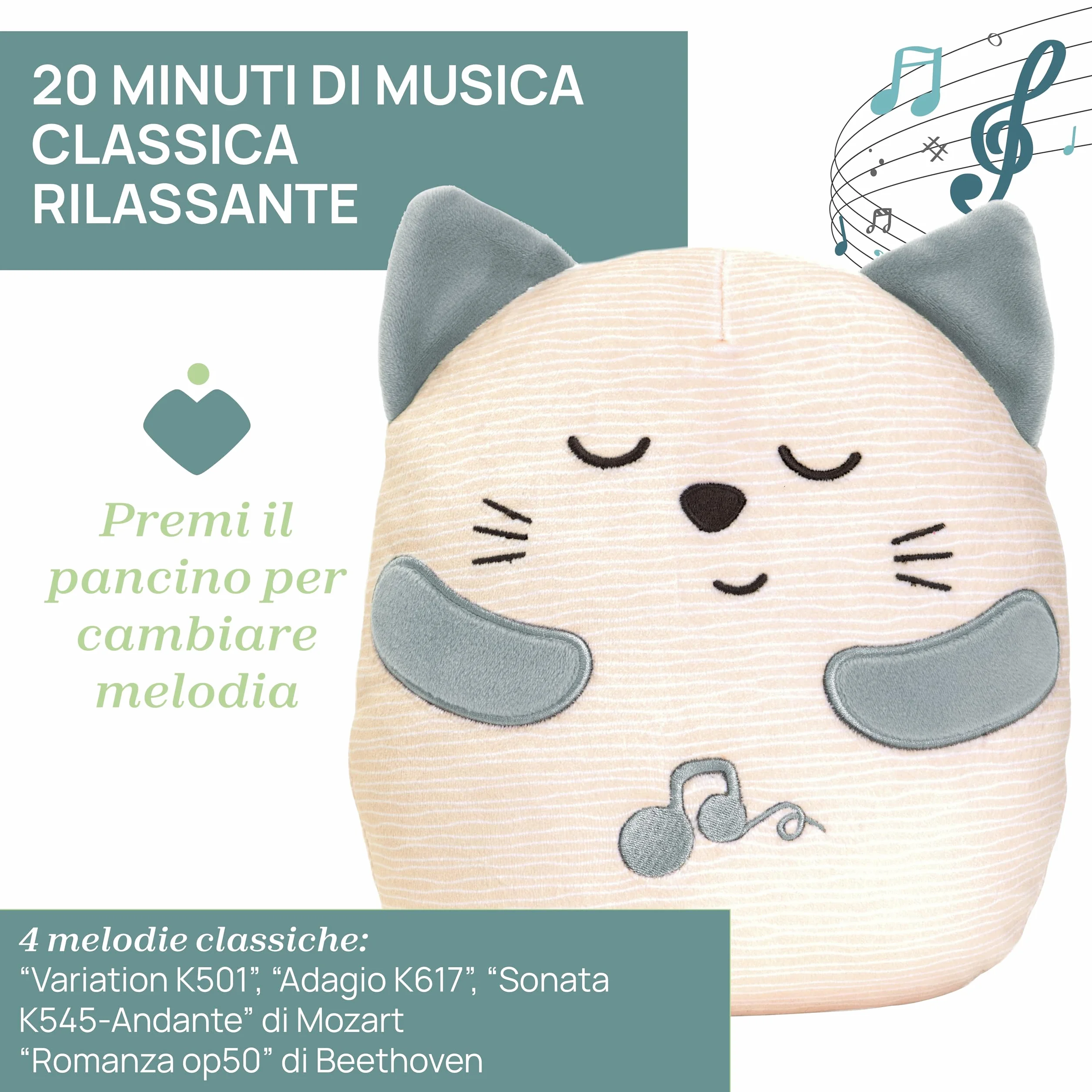 Chicco, Gatito Ronroneador, Peluche Electrónico Interactivo, Reproduce el Sonido y Las Vibraciones de los Ronroneos del Gato, Música Clásica, Tacto Suave, Lavable en Lavadora, Juguete Bebés +0 Meses