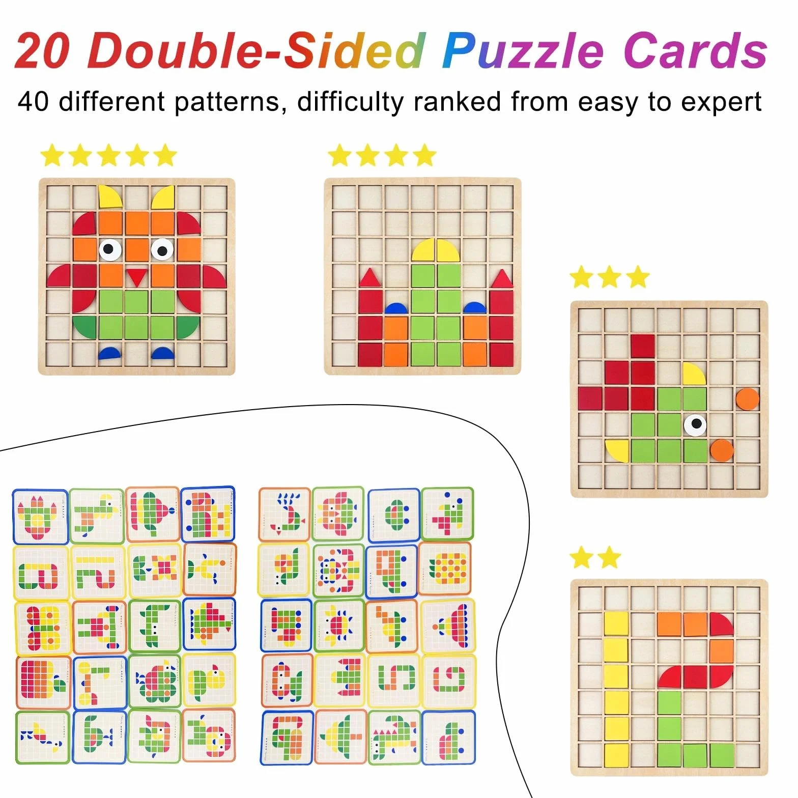 120 Piezas Puzzle de Mosaico Madera con 20 Tarjetas, Rompecabezas con Forma Geométrica, Juguete Puzzles de Tangram, Bloques de Patrones de Madera, Juguetes Montessori Niños 3 4 5 6 Años