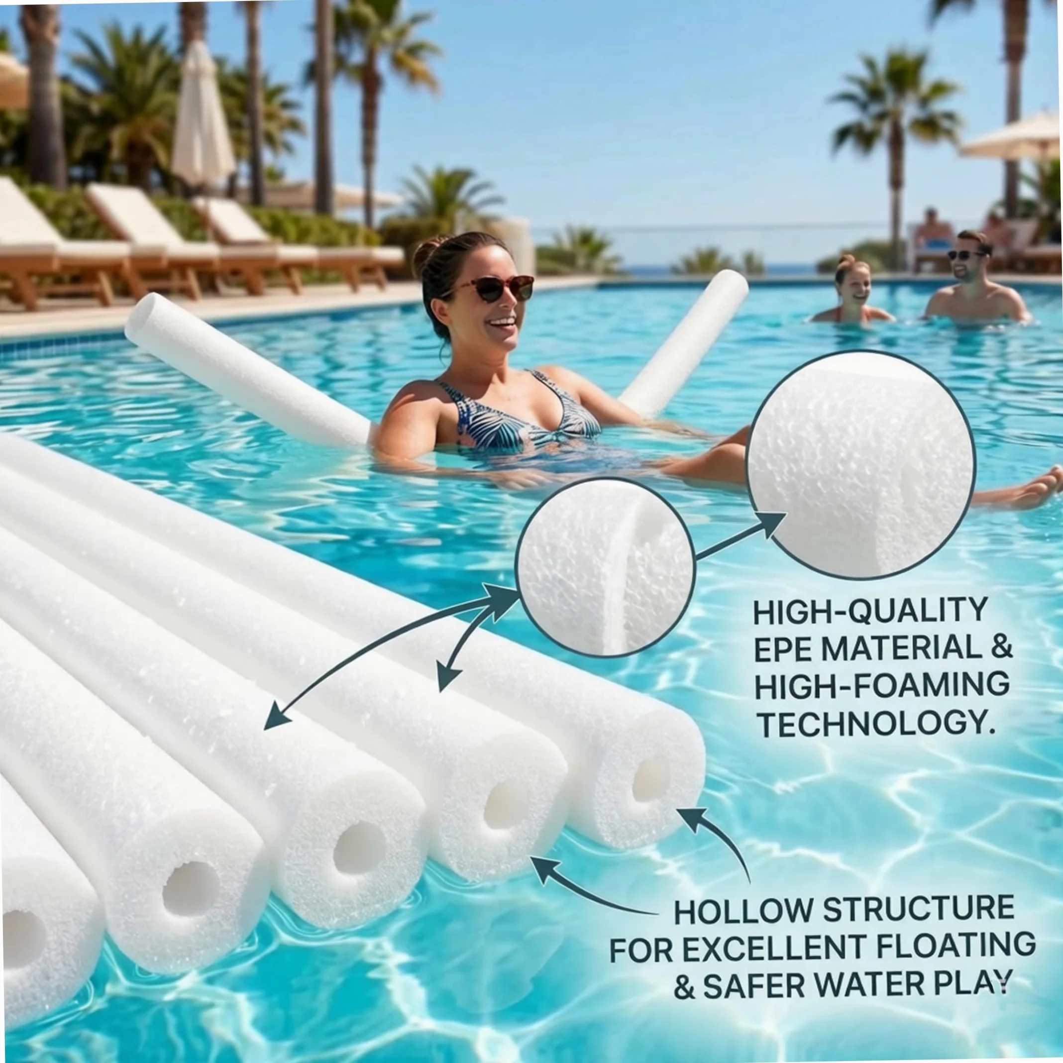 Pool Noodles, Paquete de 3, Espuma Hueca para Nadar, Color Blanco | Espuma suave y flexible, adecuada para todas las edades, ideal para practicar natación en piscina.