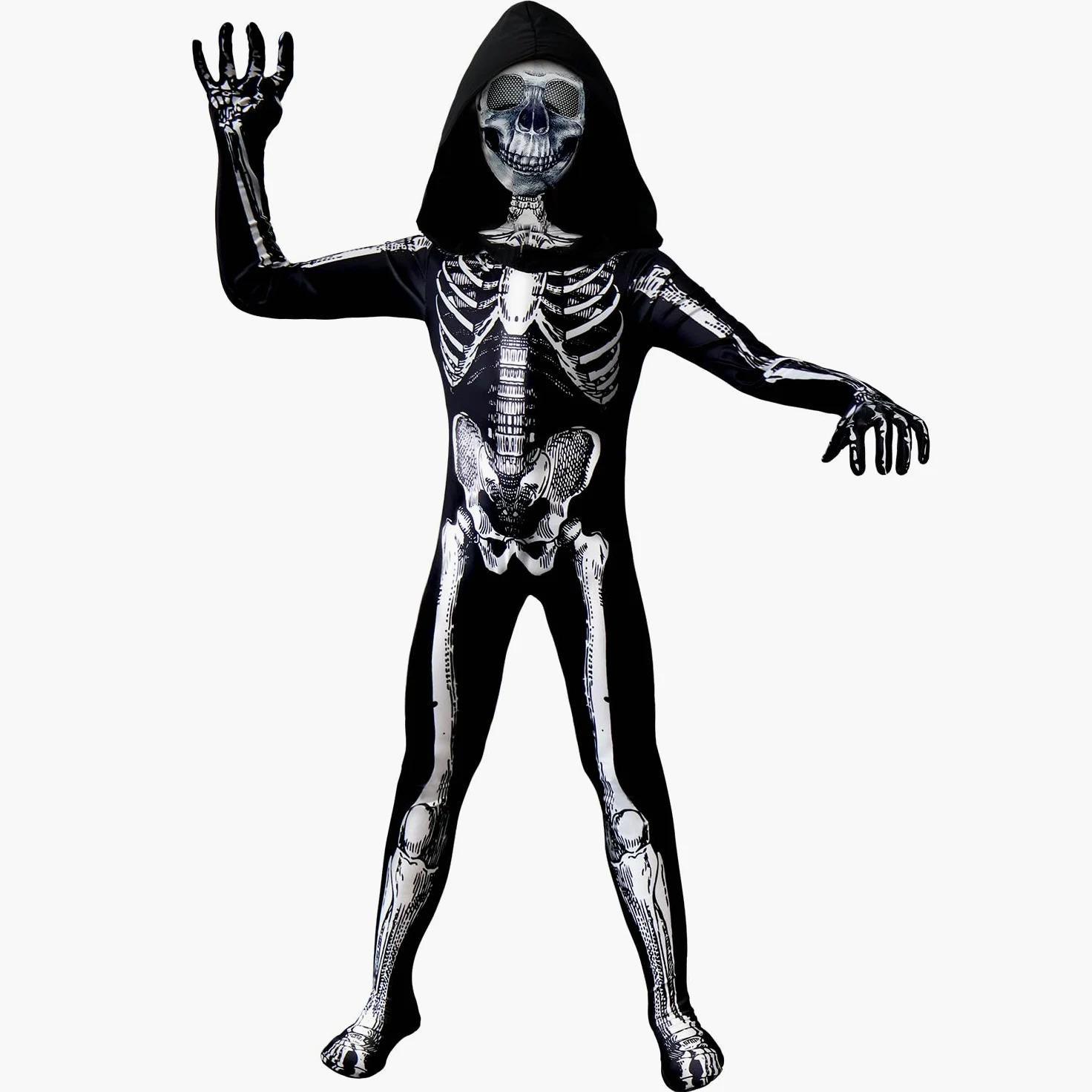 Disfraz de esqueleto de Halloween para niños, disfraz de esqueleto con capucha, huesos con máscara para niños y niñas, disfraz de cosplay de Halloween