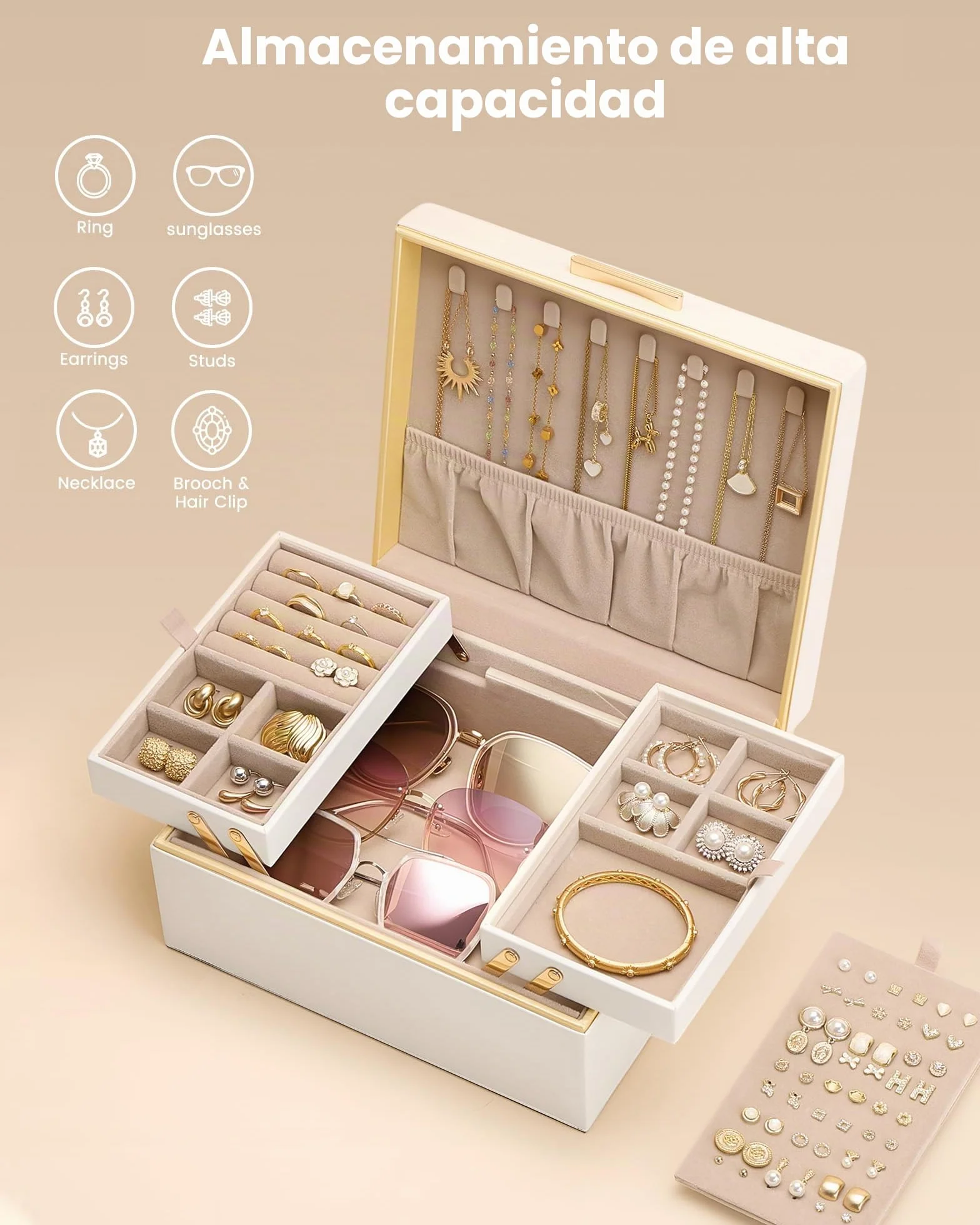 Lolalet Organizador de Joyas, Joyero Grande 2 Niveles Almacenamiento de Anillo Pulsera Pendiente Arete Collar Colgante Cuero PU Diseño Nubes Superior Plegable Retráctil Mujer Regalo -Crema