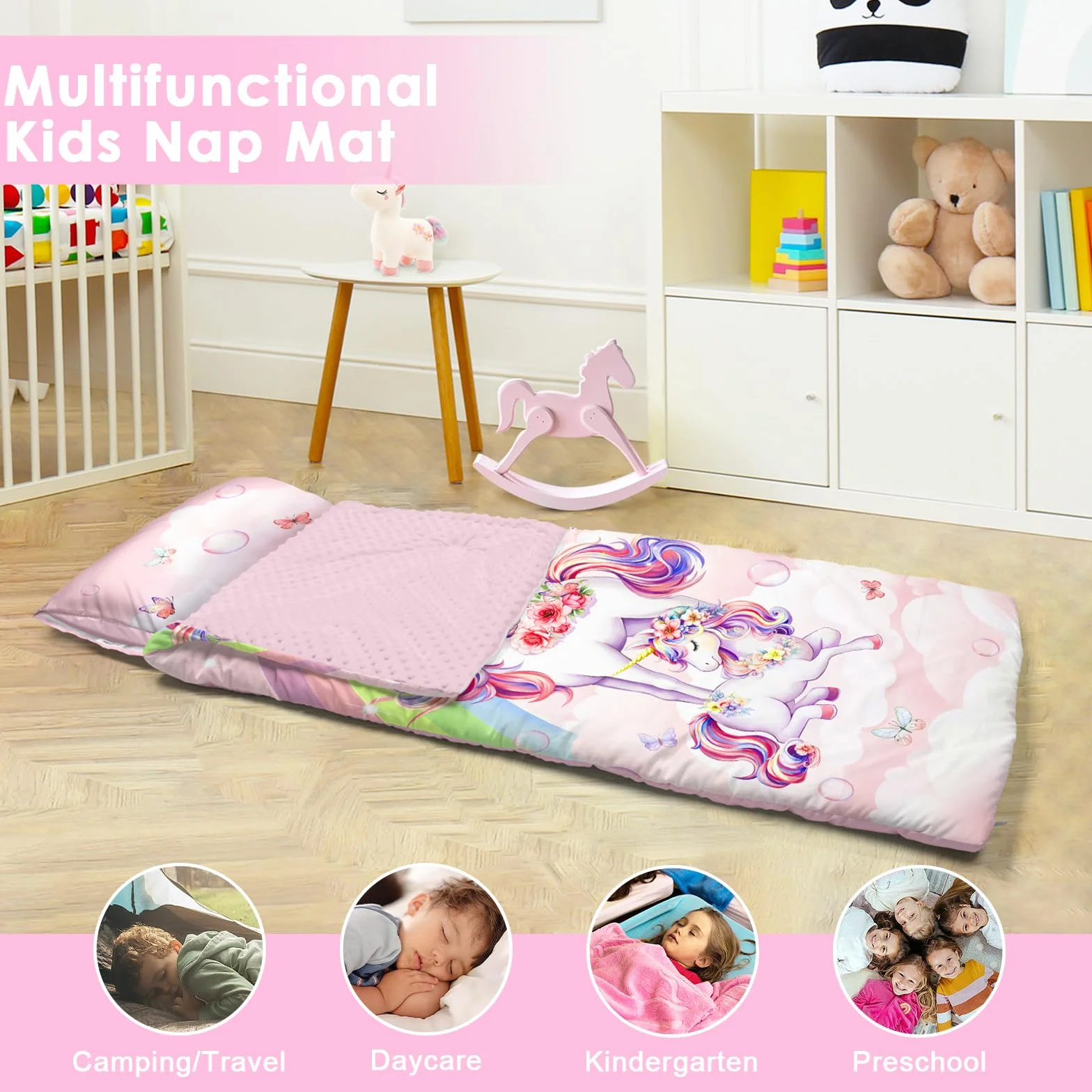 Cálida Alfombrilla de Siesta para Niños Pequeños con Almohada Extraíble, Saco de Dormir Plegable para Niñas y Niños, Bolsa de Dormir con Cremallera para Camping Siesta, 150×60cm