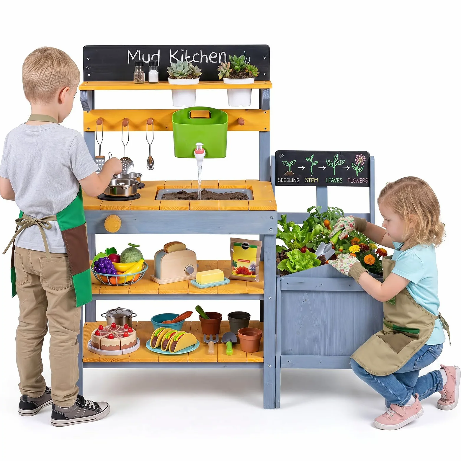 COSTWAY Cocina de Barro Exterior para Niños, Cocinita de Madera Infantil | con Jardinería, Estantes, Pizarras, Fregadero, Depósito de Agua, Macetas, Sartén, Juego de Rol para 3+ Años