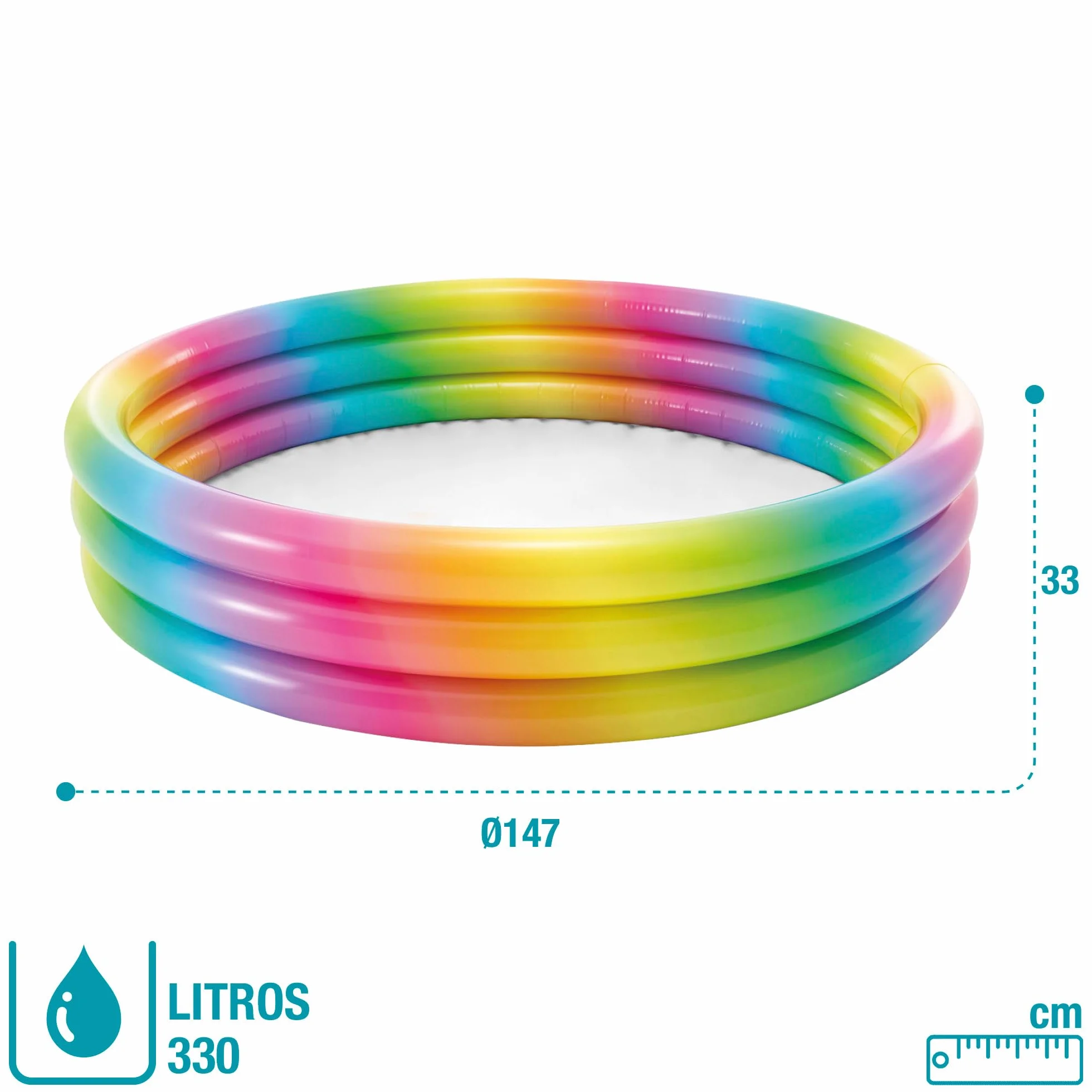 Intex Piscina Hinchable Infantil, 147x33 cm, 330 litros, diseño arcoíris, 3 cámaras de Aire con Doble válvula, Vinilo Resistente, Uso Exterior, Incluye Parche de reparación, niños +2 años (58439)