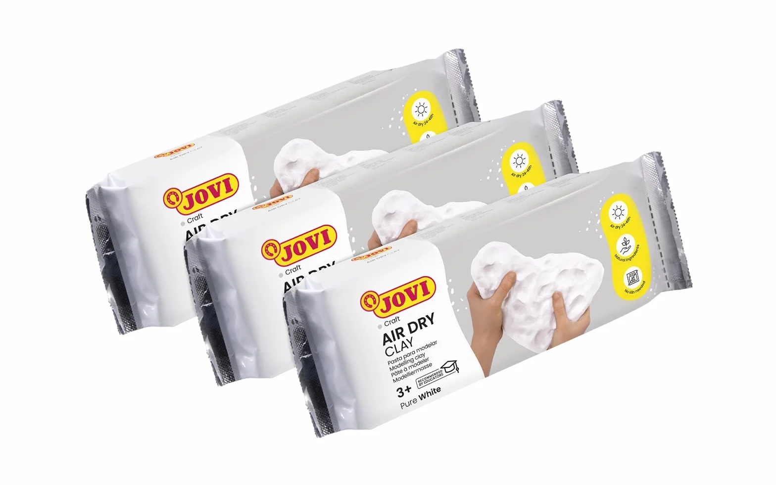 Jovi - Kit Air Dry de 3 uds de 250gr, arcilla de secado al aire, Blanco | Pasta para modelar sin horno, no tóxica y sin gluten